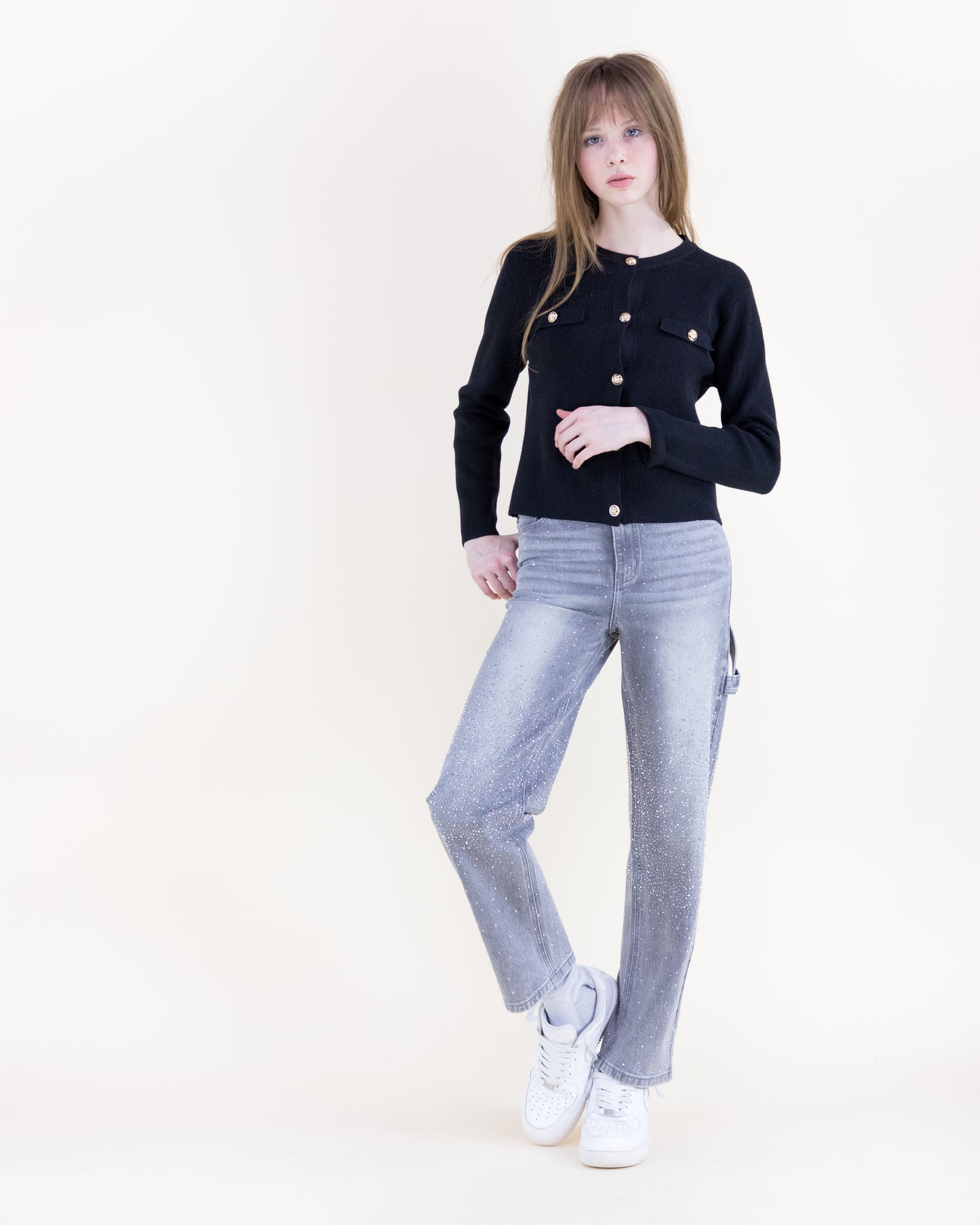 Ribbed Patch Pockets Boxy Cardigan & Ribbed Faux Buttons Knitted Midi Skirt 2pcs Set