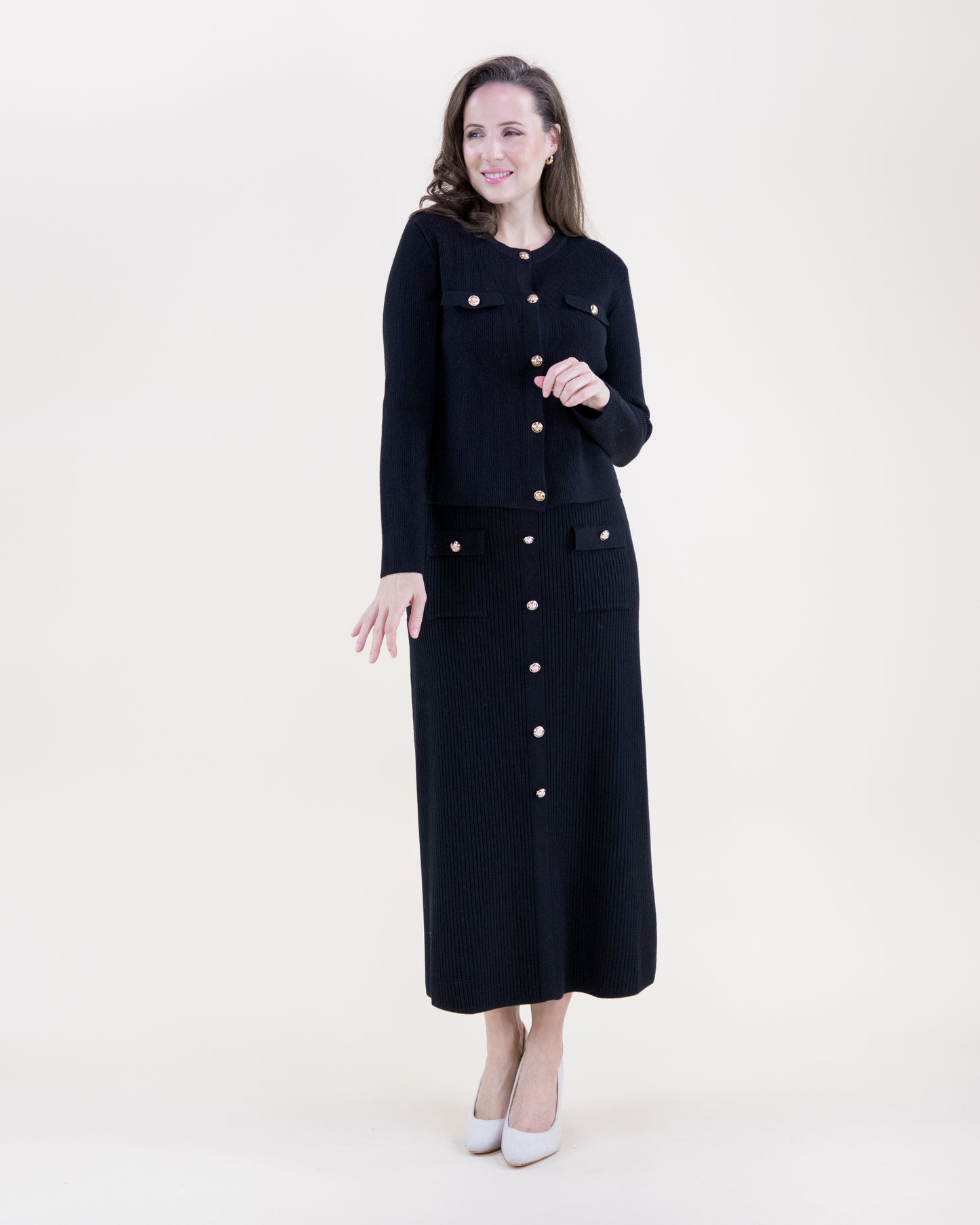 Ribbed Patch Pockets Boxy Cardigan & Ribbed Faux Buttons Knitted Midi Skirt 2pcs Set