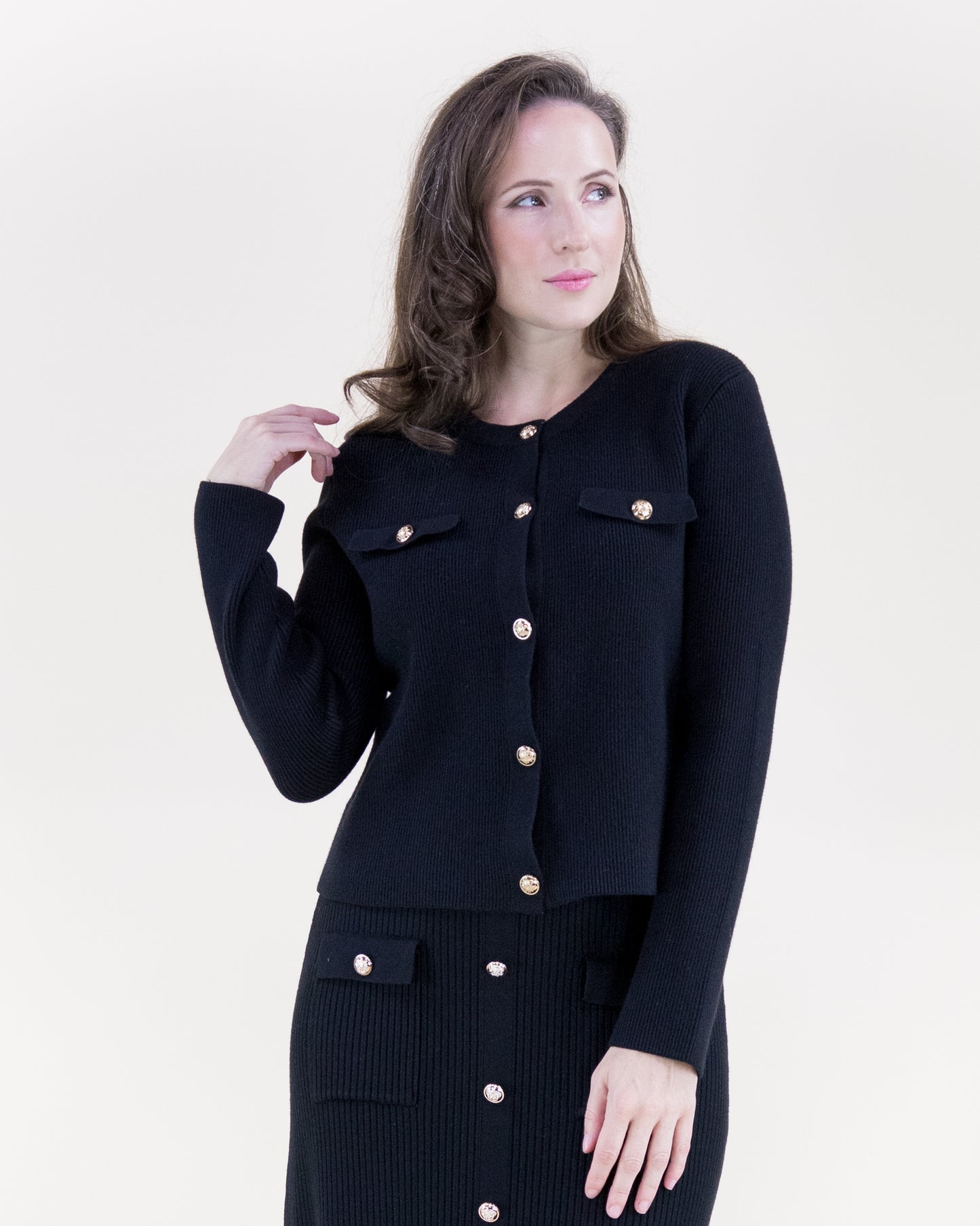 Ribbed Patch Pockets Boxy Cardigan & Ribbed Faux Buttons Knitted Midi Skirt 2pcs Set