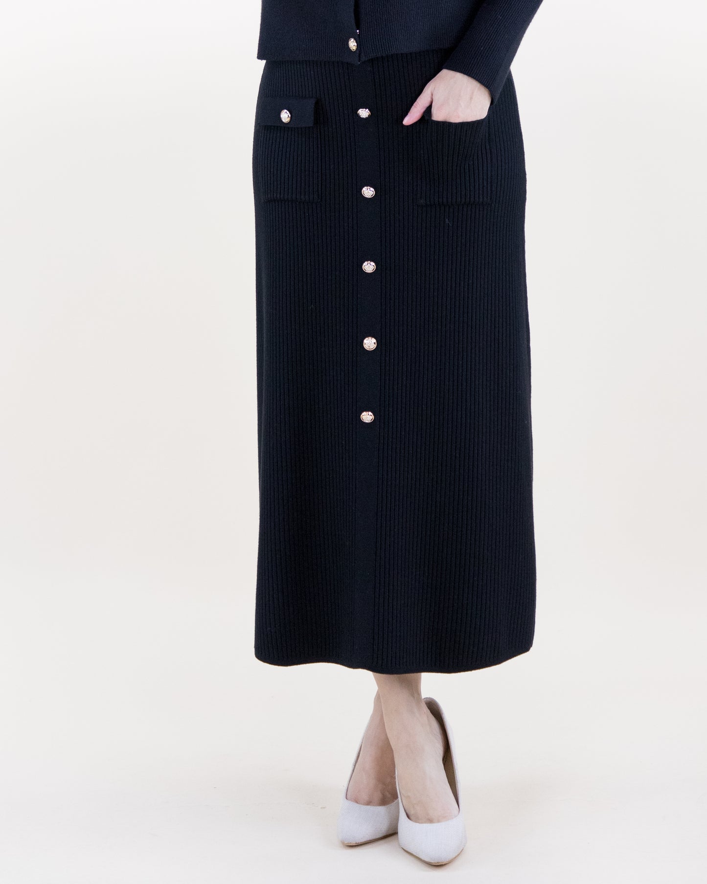 Ribbed Patch Pockets Boxy Cardigan & Ribbed Faux Buttons Knitted Midi Skirt 2pcs Set