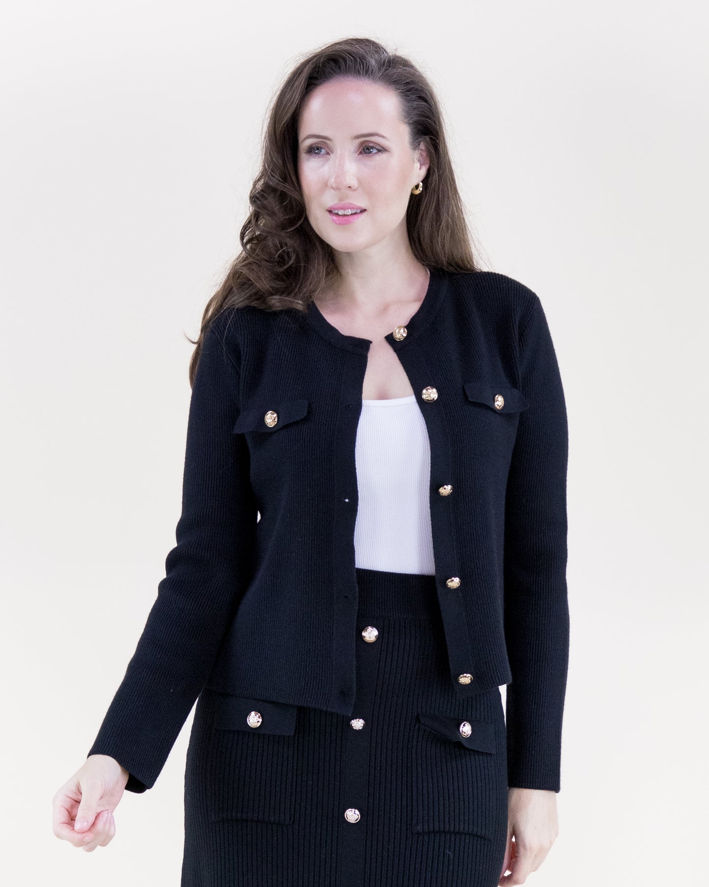 Ribbed Patch Pockets Boxy Cardigan & Ribbed Faux Buttons Knitted Midi Skirt 2pcs Set