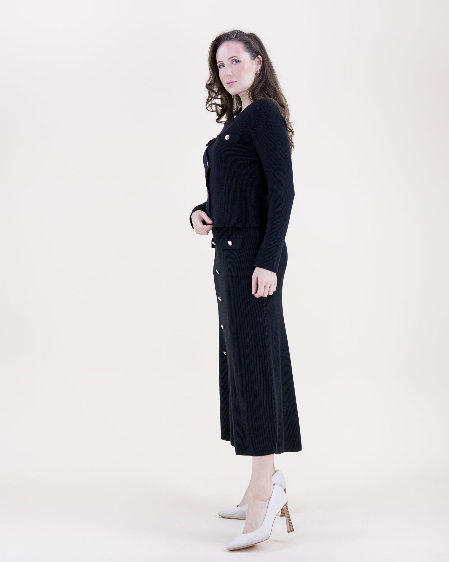 Ribbed Patch Pockets Boxy Cardigan & Ribbed Faux Buttons Knitted Midi Skirt 2pcs Set