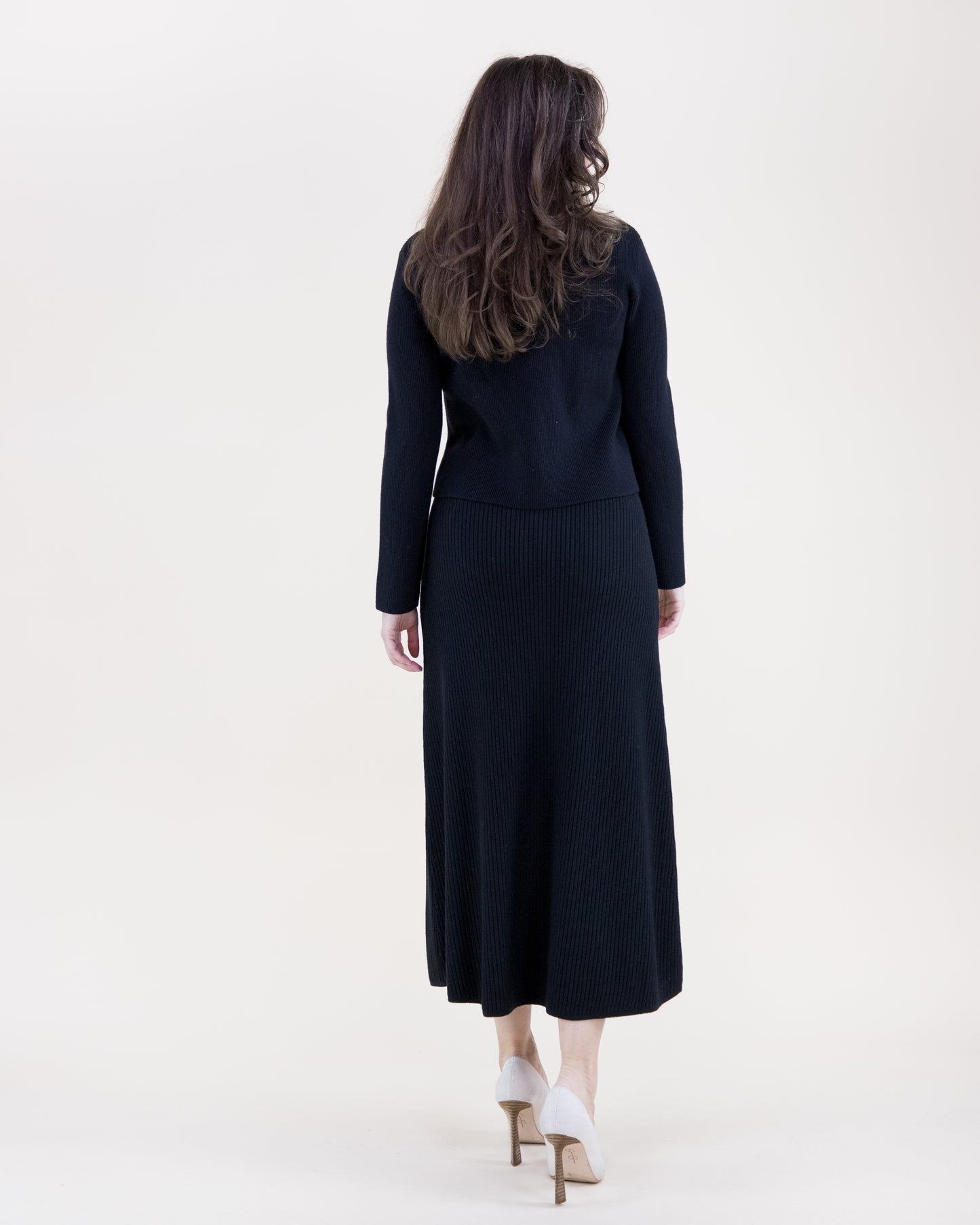 Ribbed Patch Pockets Boxy Cardigan & Ribbed Faux Buttons Knitted Midi Skirt 2pcs Set