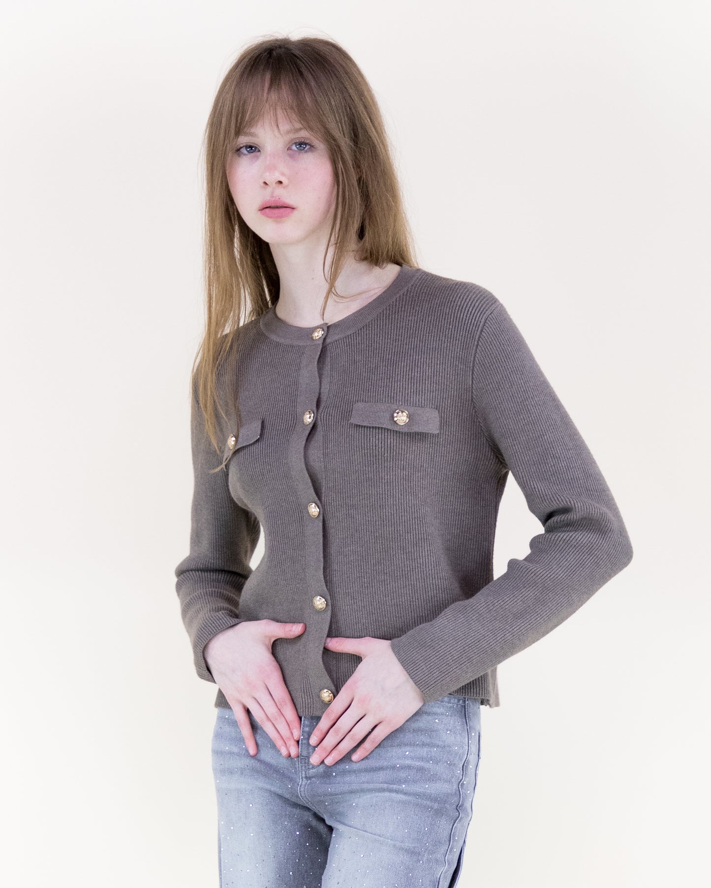 Ribbed Patch Pockets Boxy Cardigan & Ribbed Faux Buttons Knitted Midi Skirt 2pcs Set