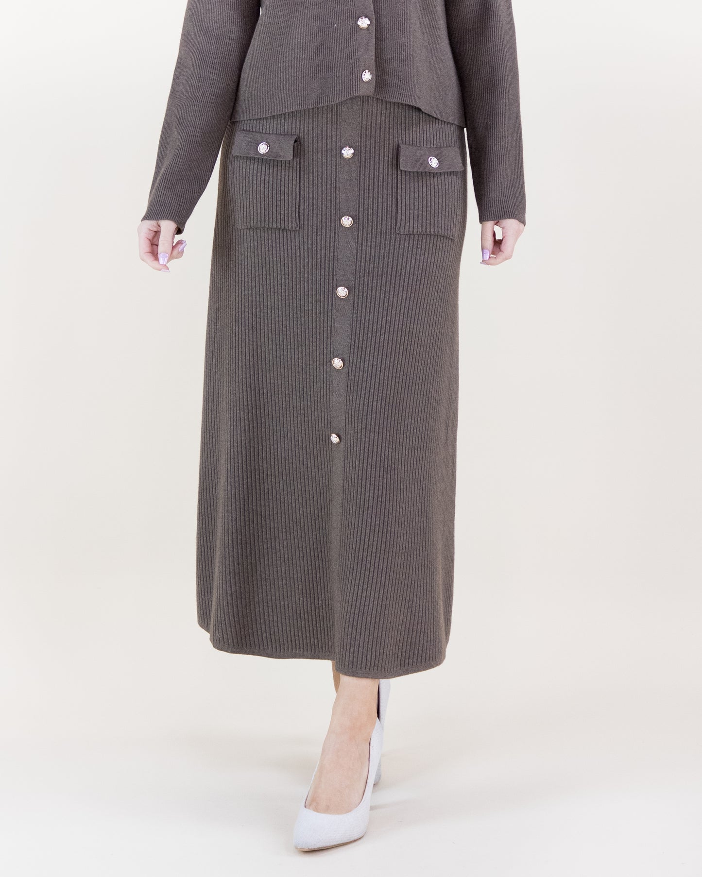 Ribbed Patch Pockets Boxy Cardigan & Ribbed Faux Buttons Knitted Midi Skirt 2pcs Set