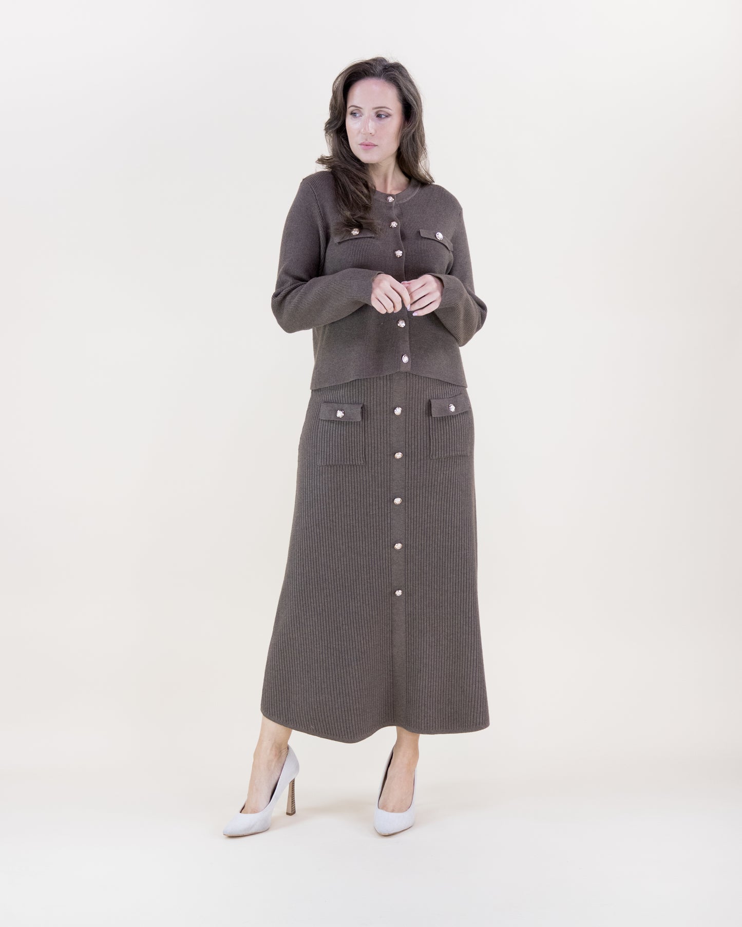 Ribbed Patch Pockets Boxy Cardigan & Ribbed Faux Buttons Knitted Midi Skirt 2pcs Set