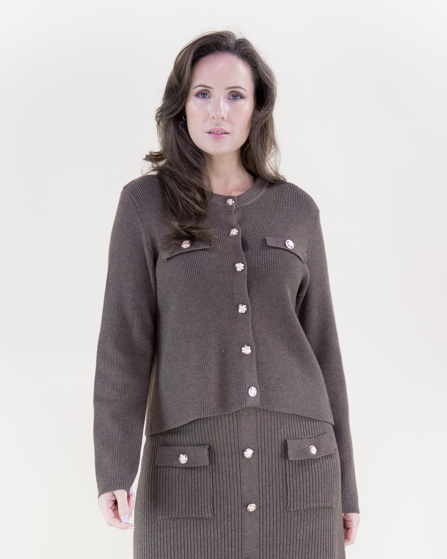 Ribbed Patch Pockets Boxy Cardigan & Ribbed Faux Buttons Knitted Midi Skirt 2pcs Set