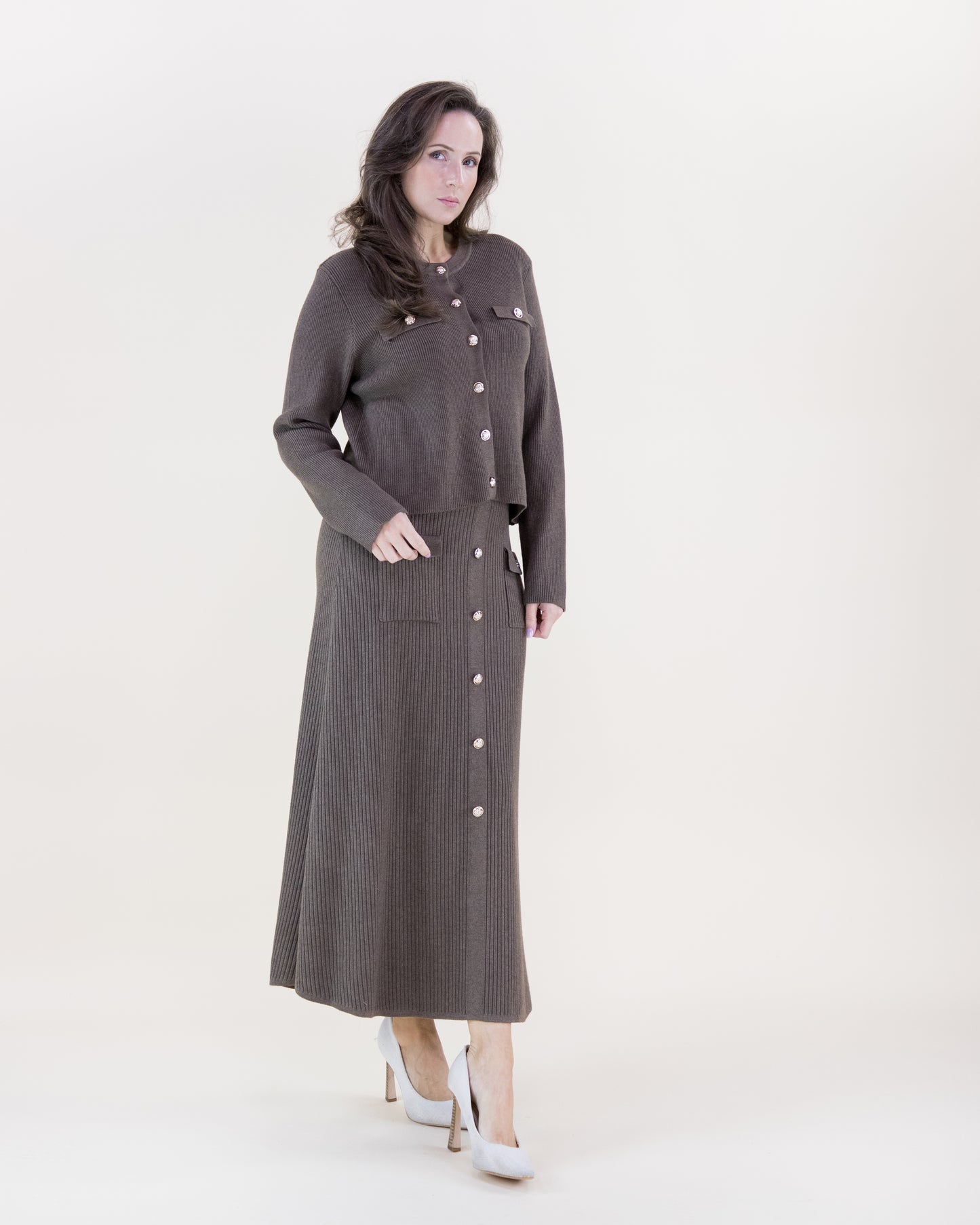 Ribbed Patch Pockets Boxy Cardigan & Ribbed Faux Buttons Knitted Midi Skirt 2pcs Set