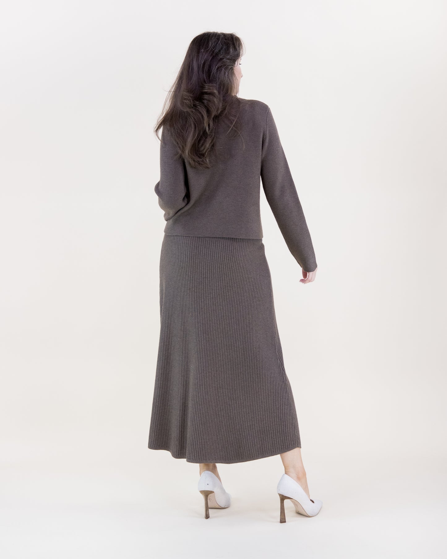 Ribbed Patch Pockets Boxy Cardigan & Ribbed Faux Buttons Knitted Midi Skirt 2pcs Set