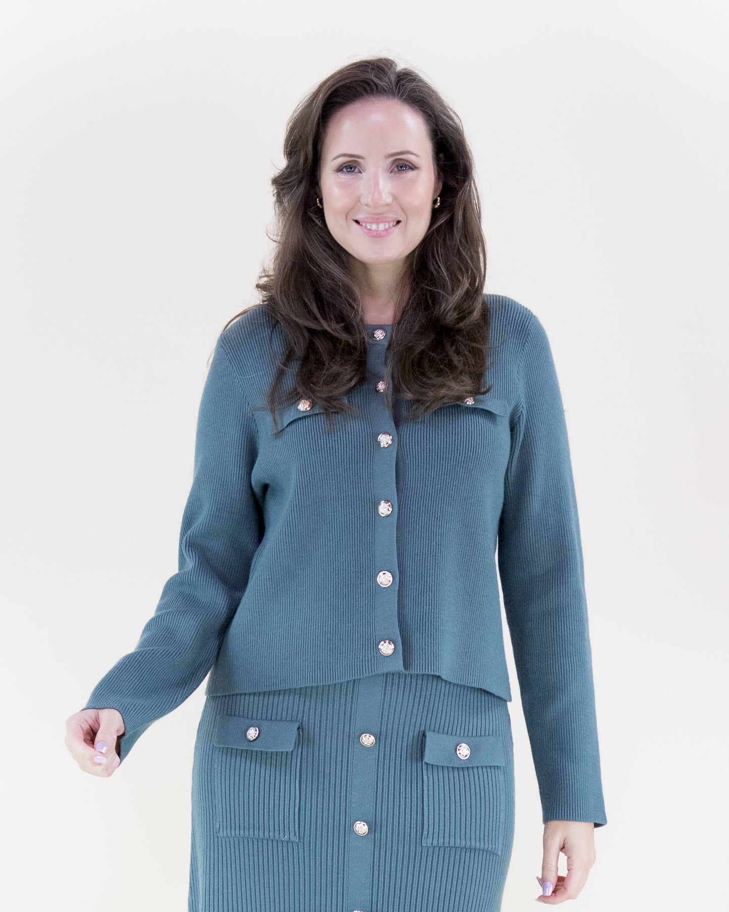 Ribbed Patch Pockets Boxy Cardigan & Ribbed Faux Buttons Knitted Midi Skirt 2pcs Set