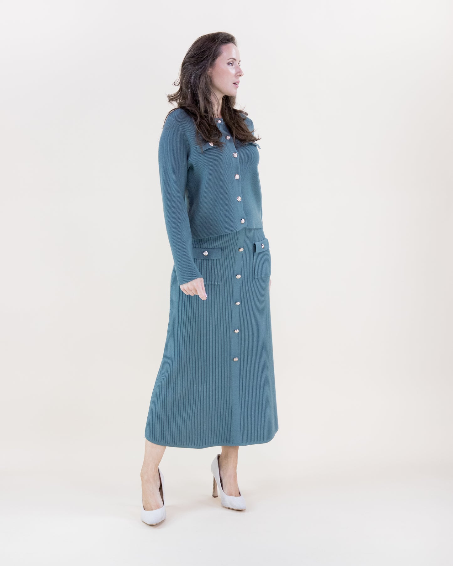 Ribbed Patch Pockets Boxy Cardigan & Ribbed Faux Buttons Knitted Midi Skirt 2pcs Set