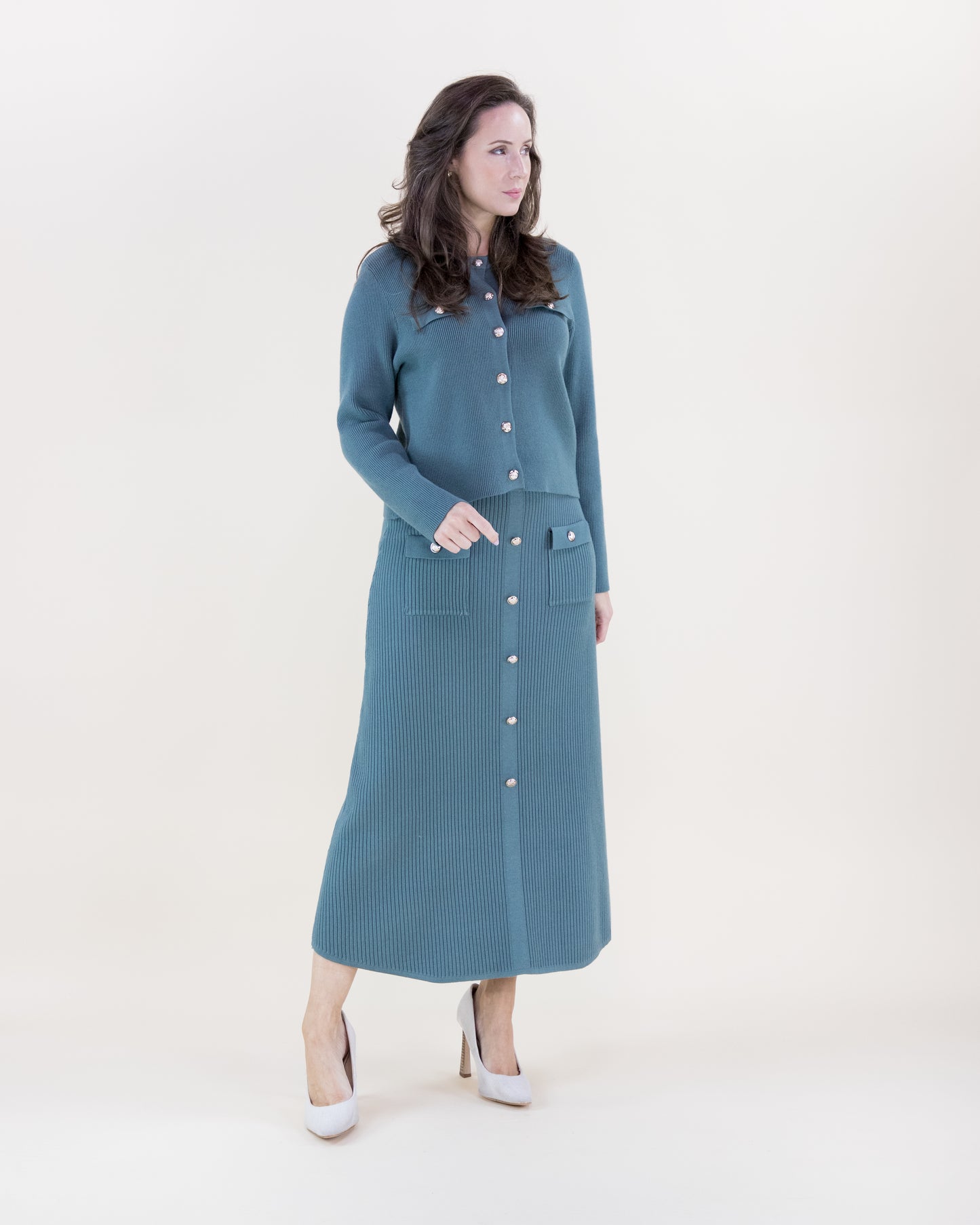 Ribbed Patch Pockets Boxy Cardigan & Ribbed Faux Buttons Knitted Midi Skirt 2pcs Set