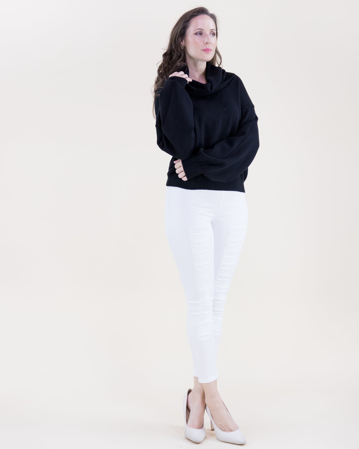 Classy Draped Rib Cowl Neck Sweater