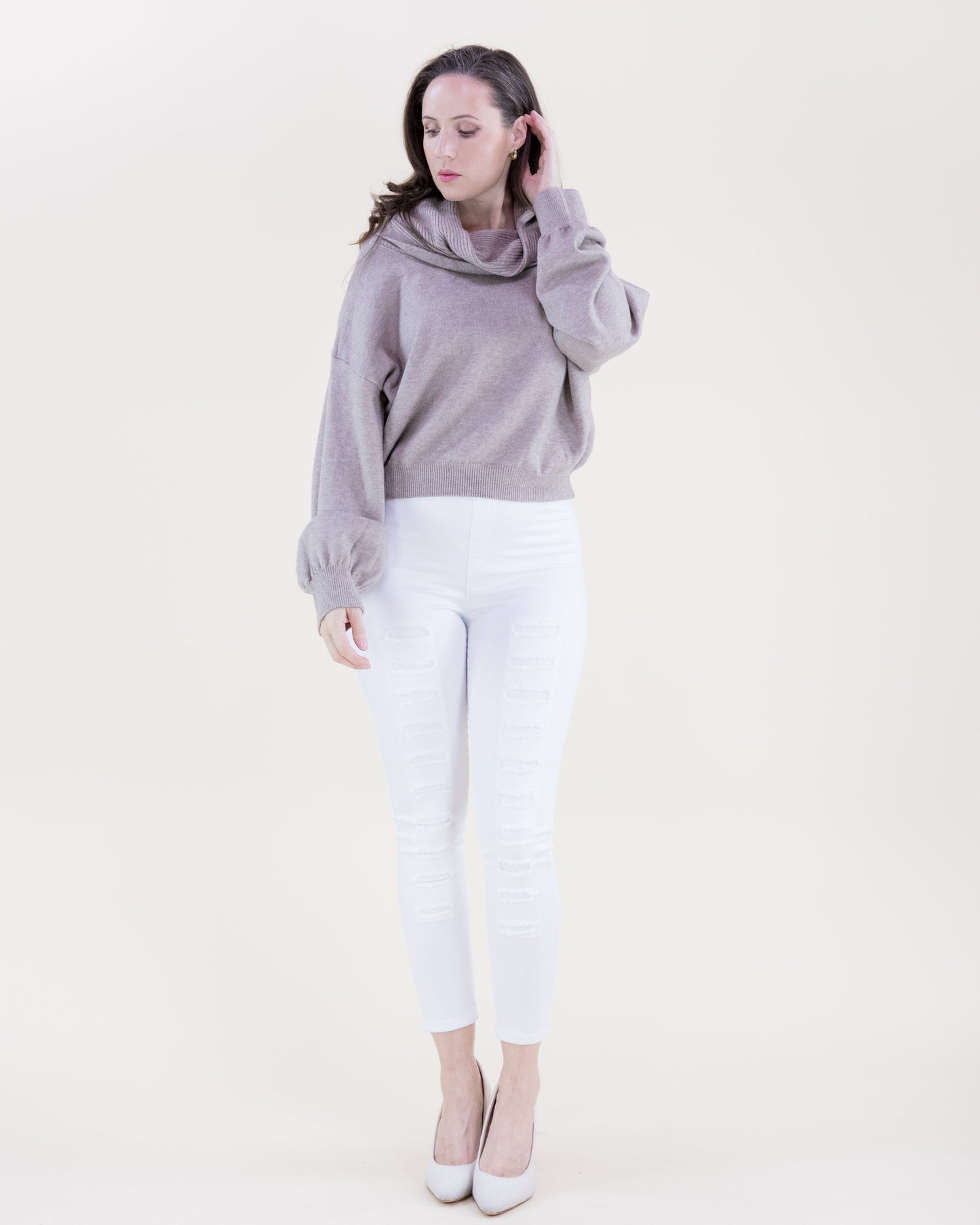 Classy Draped Rib Cowl Neck Sweater
