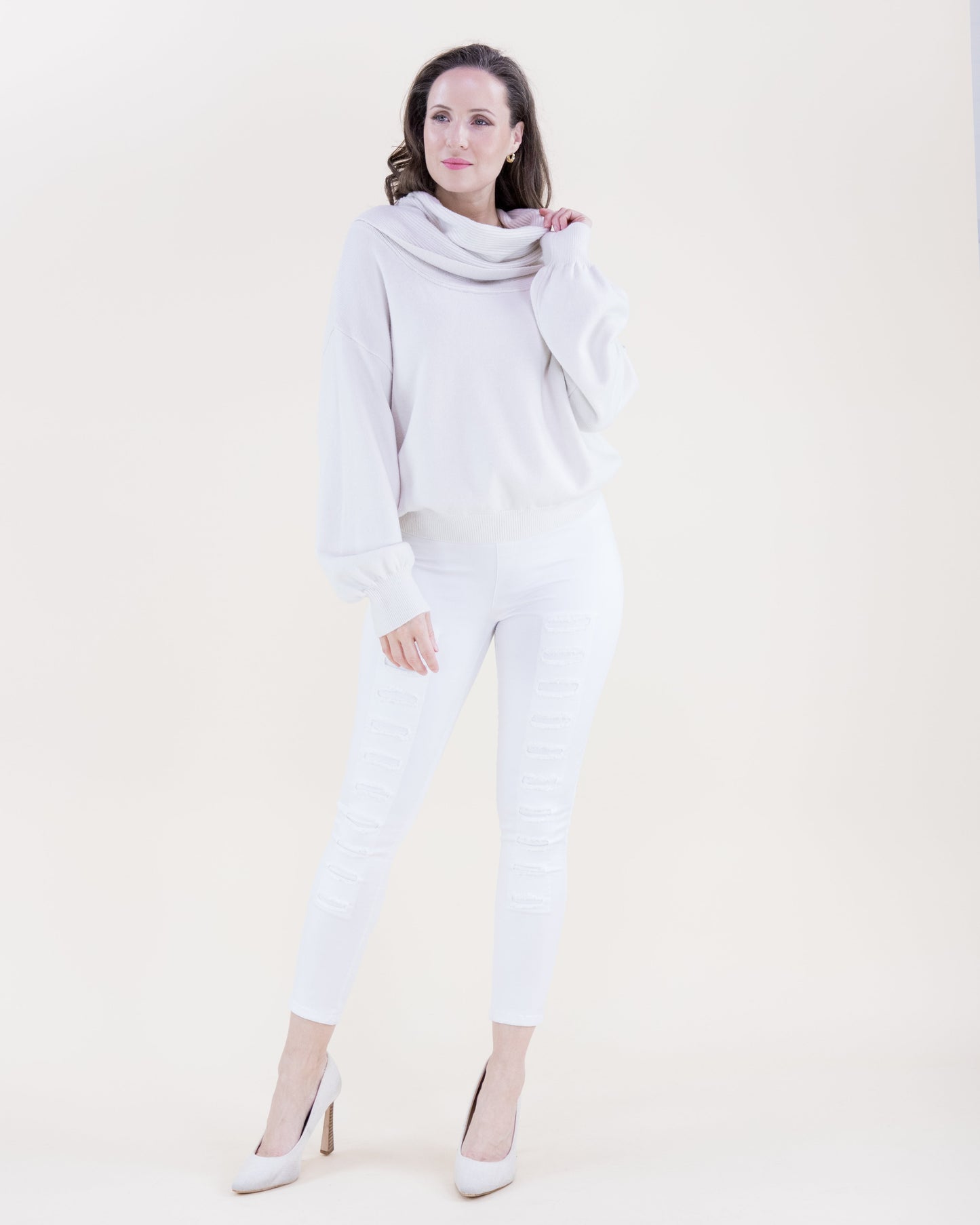 Classy Draped Rib Cowl Neck Sweater