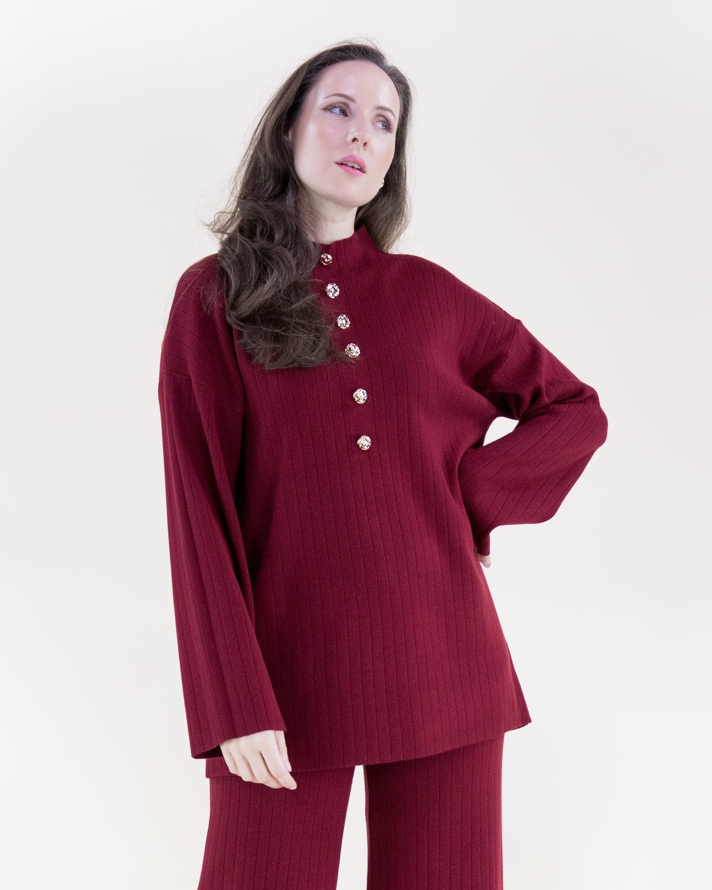 Casual Faux Button Mock Turtle Neck Ribbed Sweater