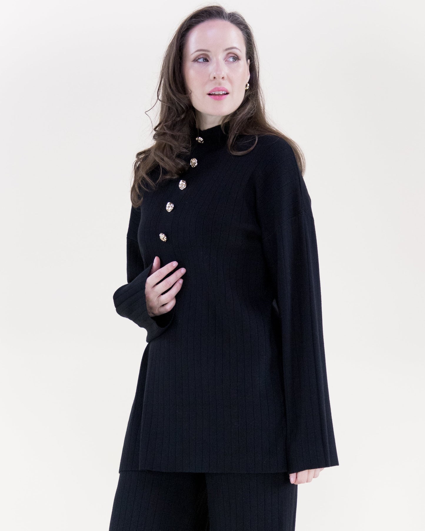 Casual Faux Button Mock Turtle Neck Ribbed Sweater