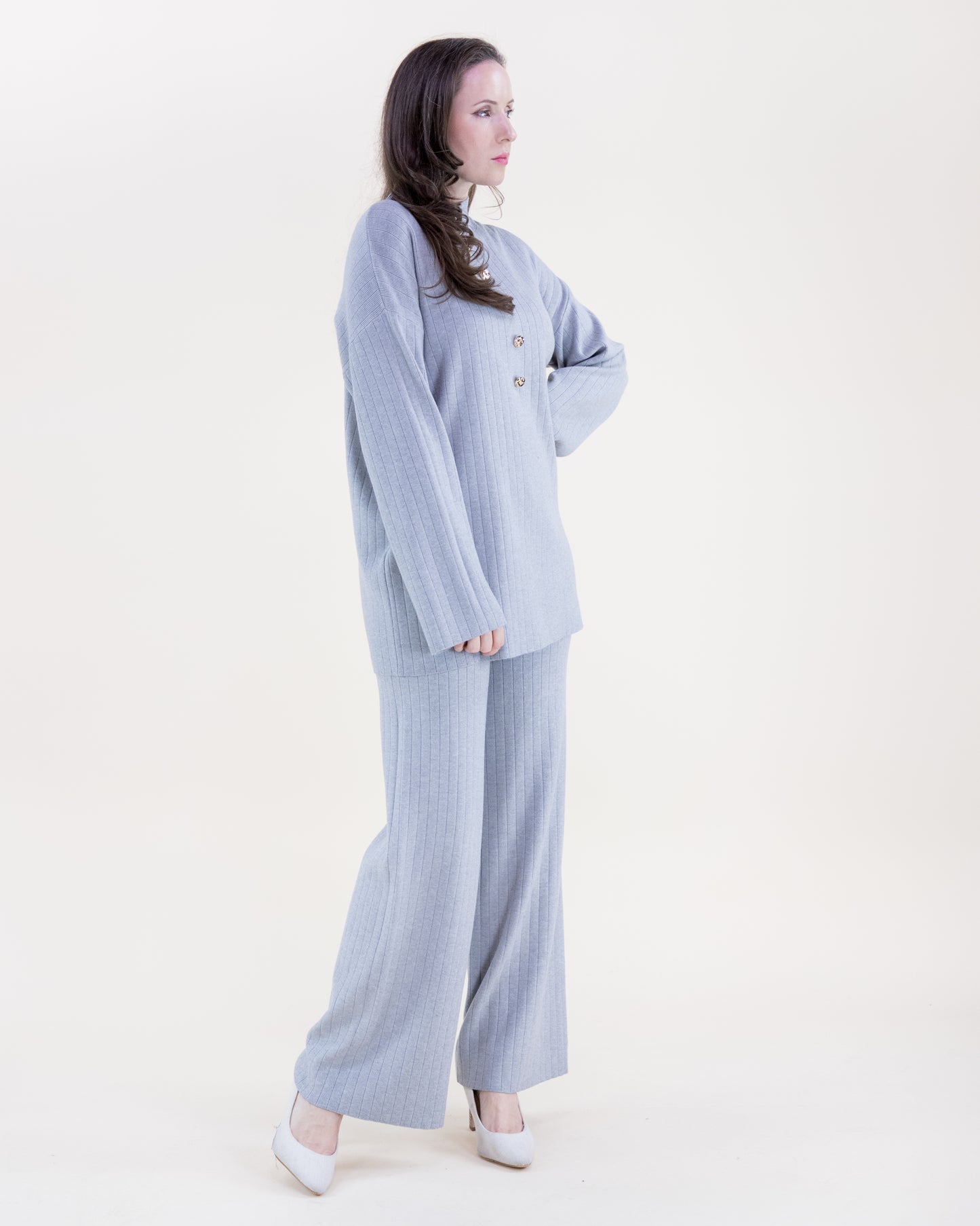 Casual Faux Button Mock Turtle Neck Ribbed Sweater