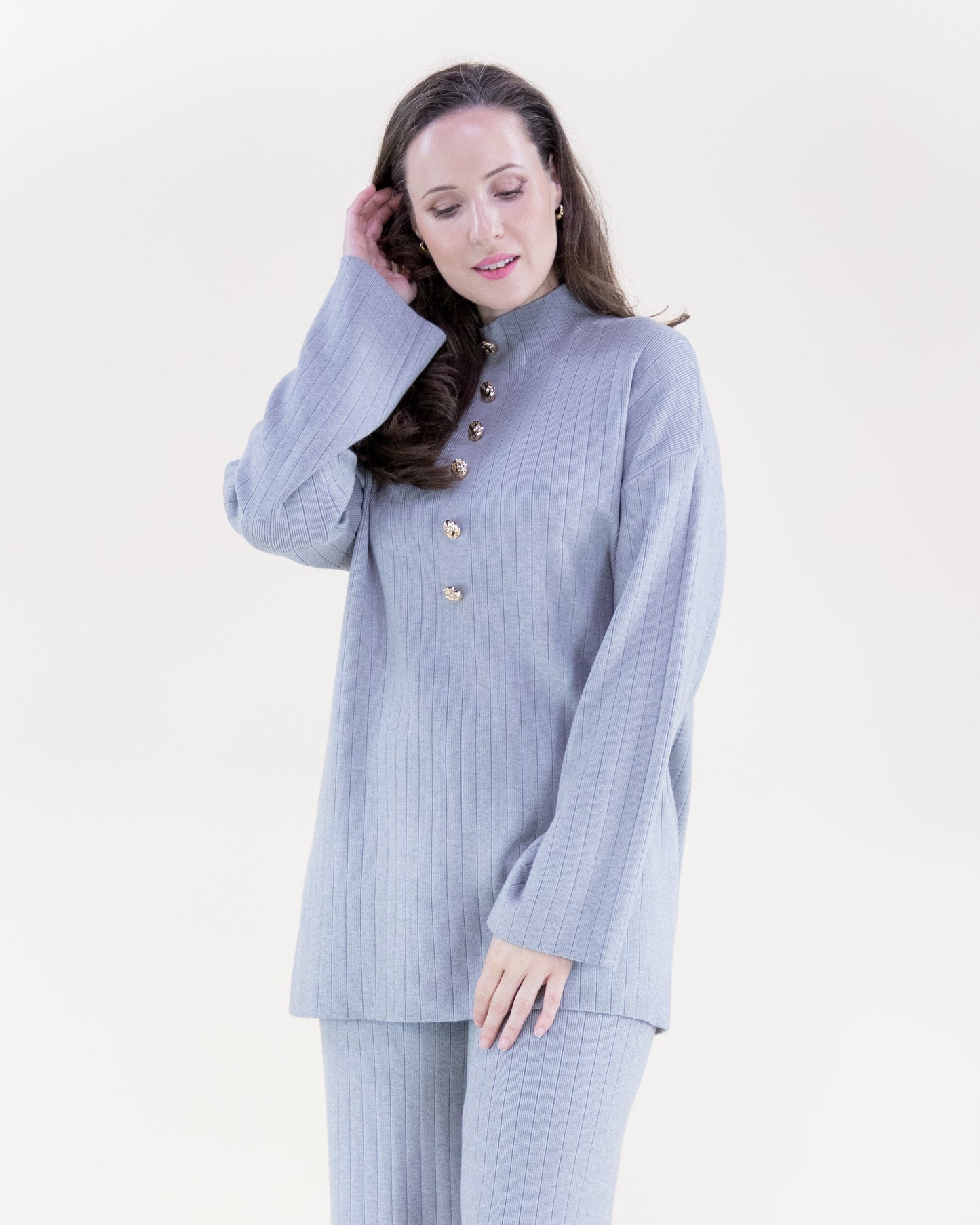 Casual Faux Button Mock Turtle Neck Ribbed Sweater