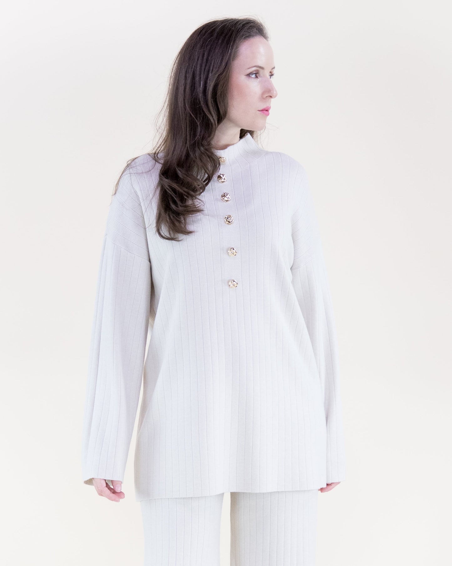 Casual Faux Button Mock Turtle Neck Ribbed Sweater