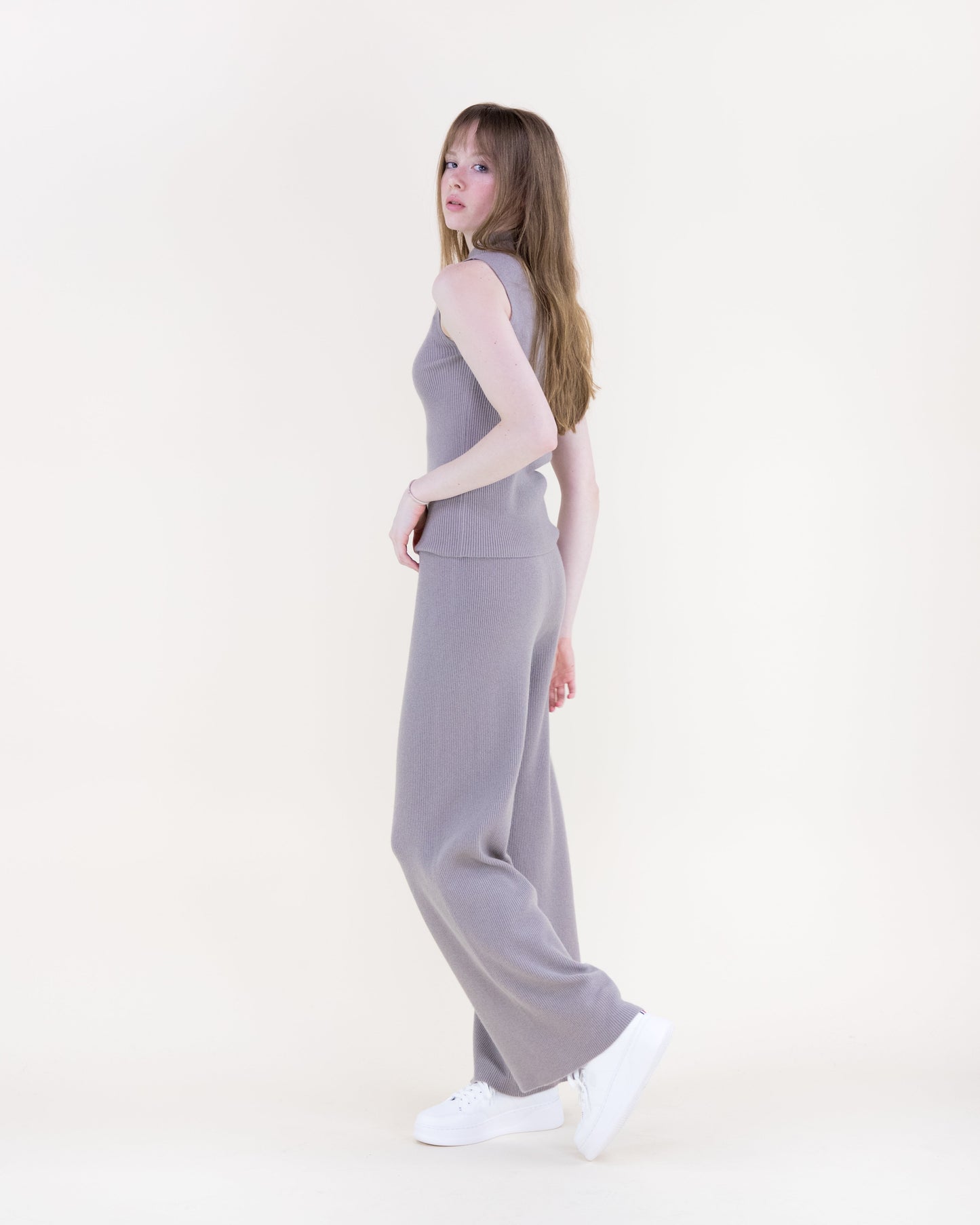 Warm Tone Ribbed Wide Leg Knitted Pants - S/M, L/XL