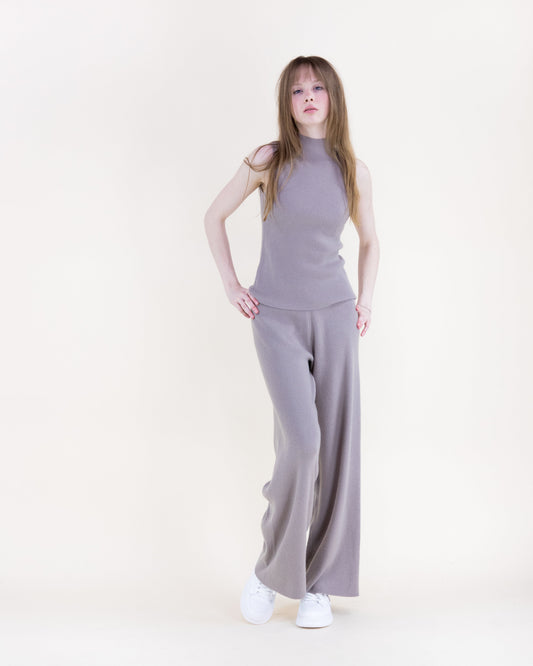 Warm Tone Ribbed Wide Leg Knitted Pants - S/M, L/XL