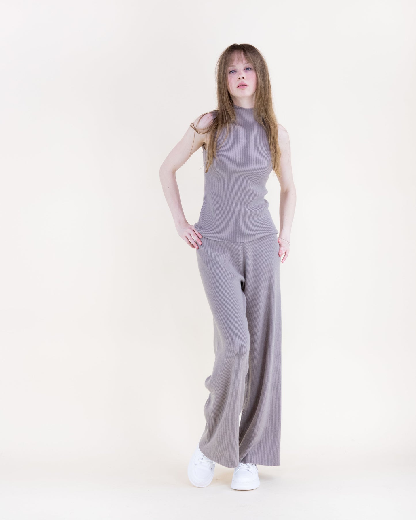 Warm Tone Ribbed Sleeveless Mock Turtle Neck Top
