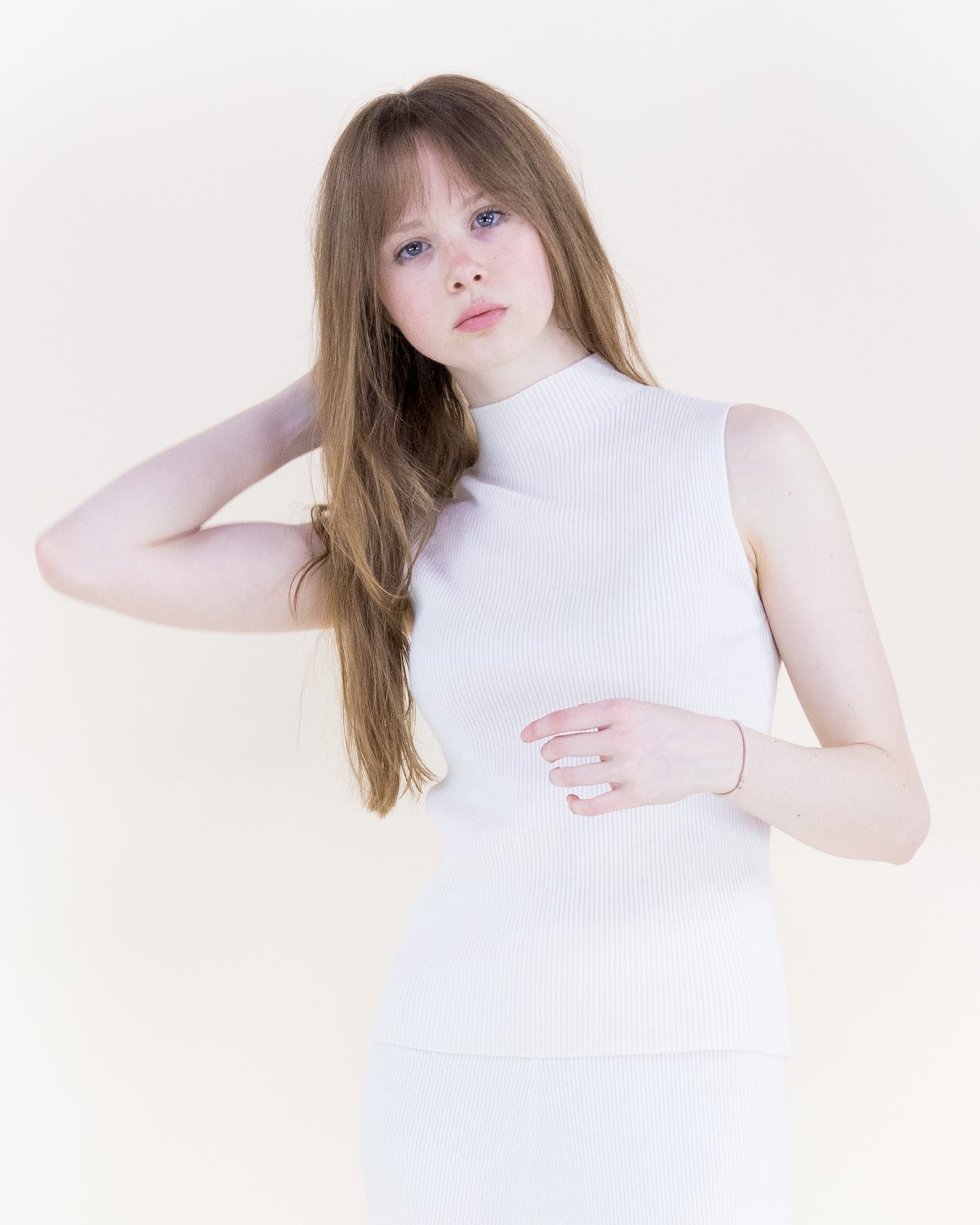 Warm Tone Ribbed Sleeveless Mock Turtle Neck Top