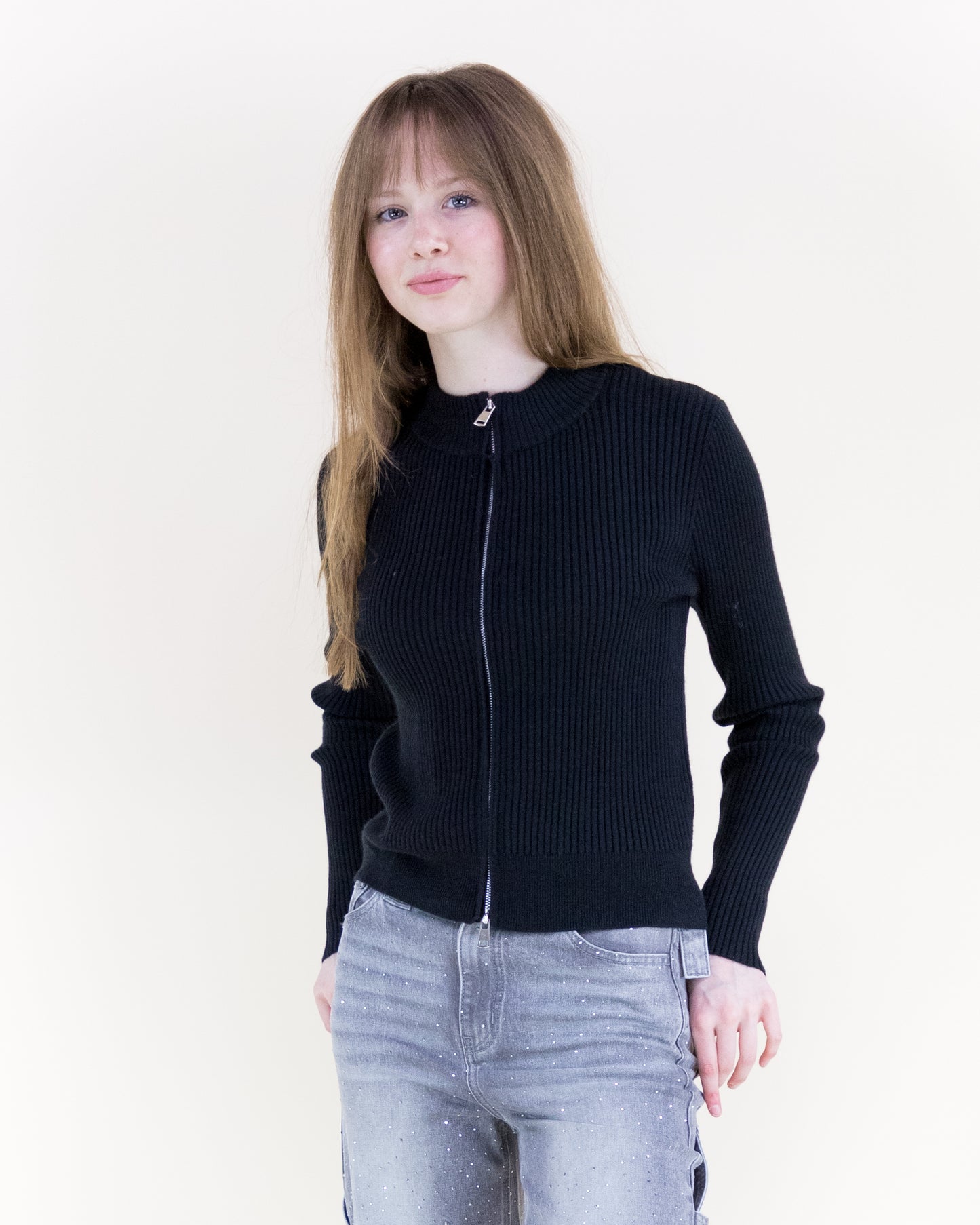 Two Way Zipper Ribbed Cardigan