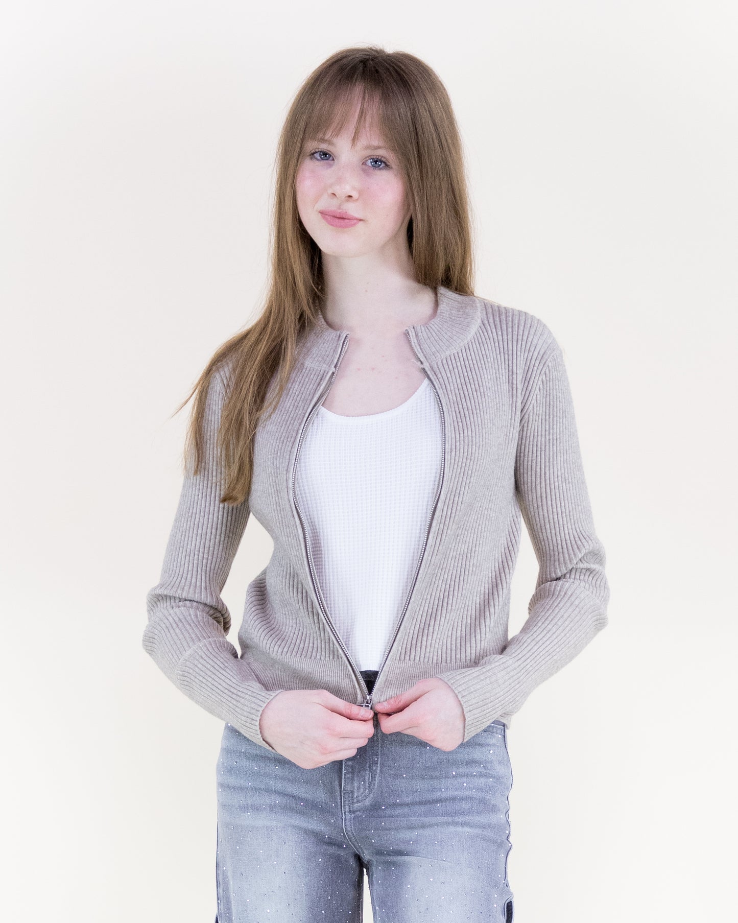 Two Way Zipper Ribbed Cardigan