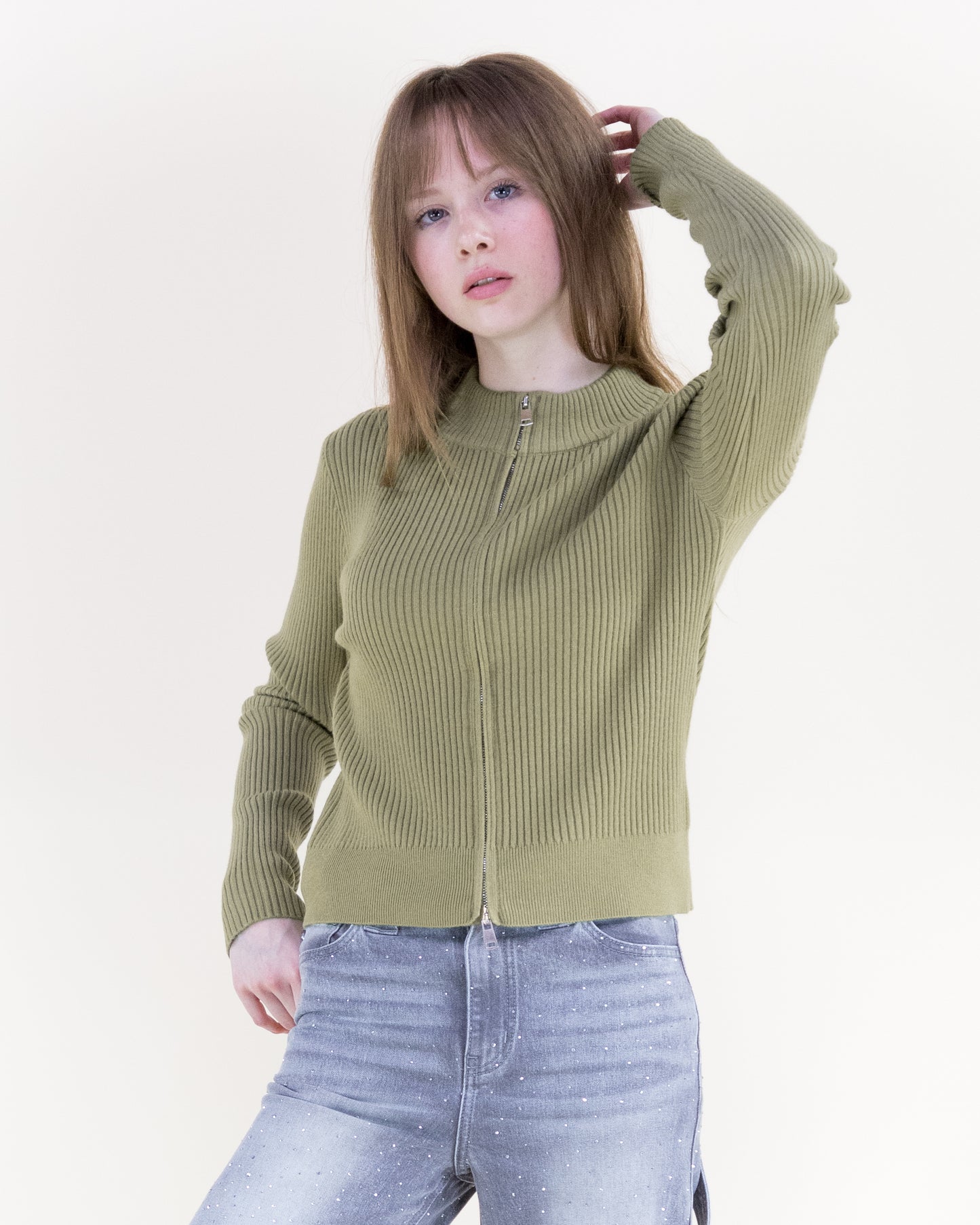 Two Way Zipper Ribbed Cardigan