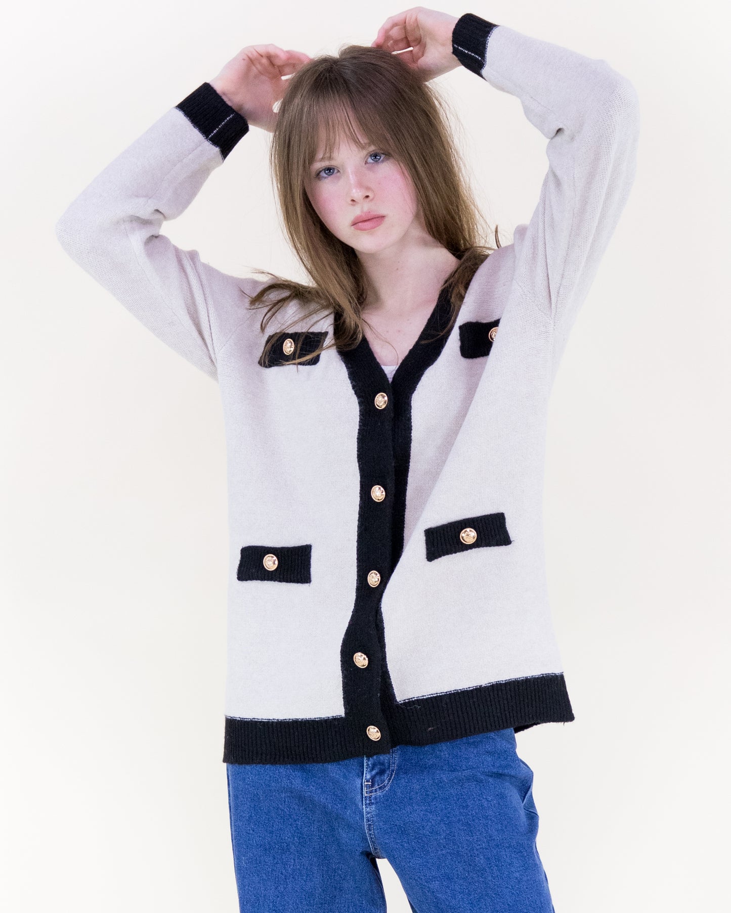 Color Blocked Four Patch Pocket Boxy Cardigan