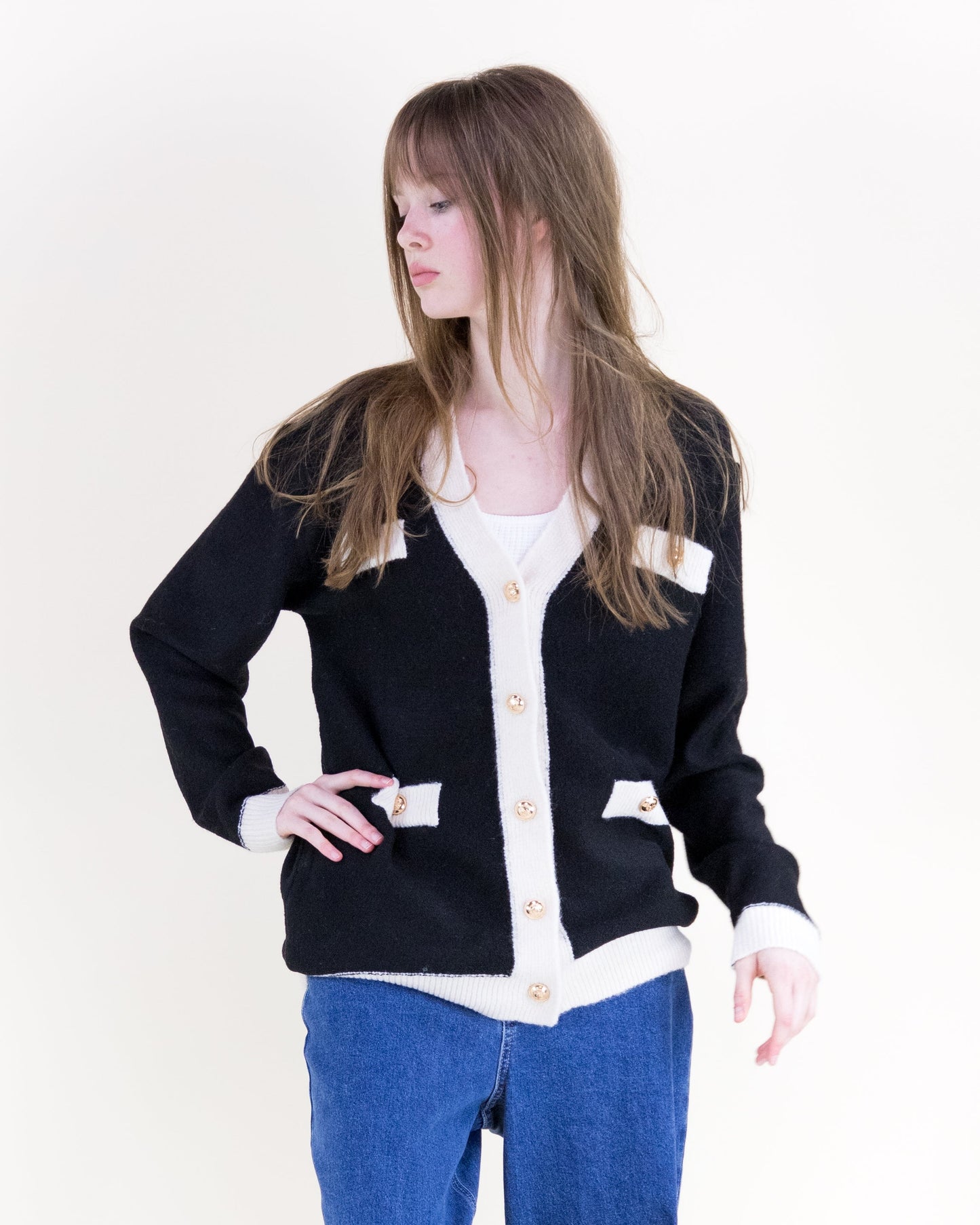 Color Blocked Four Patch Pocket Boxy Cardigan