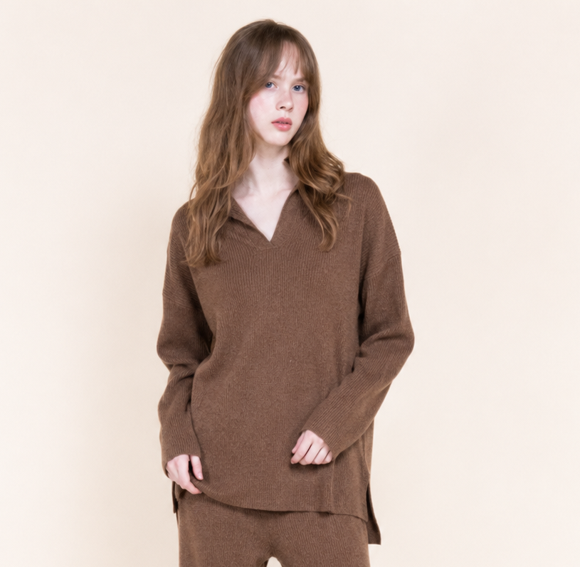 Minimalist Solid Johnny Collar Ribbed Sweater