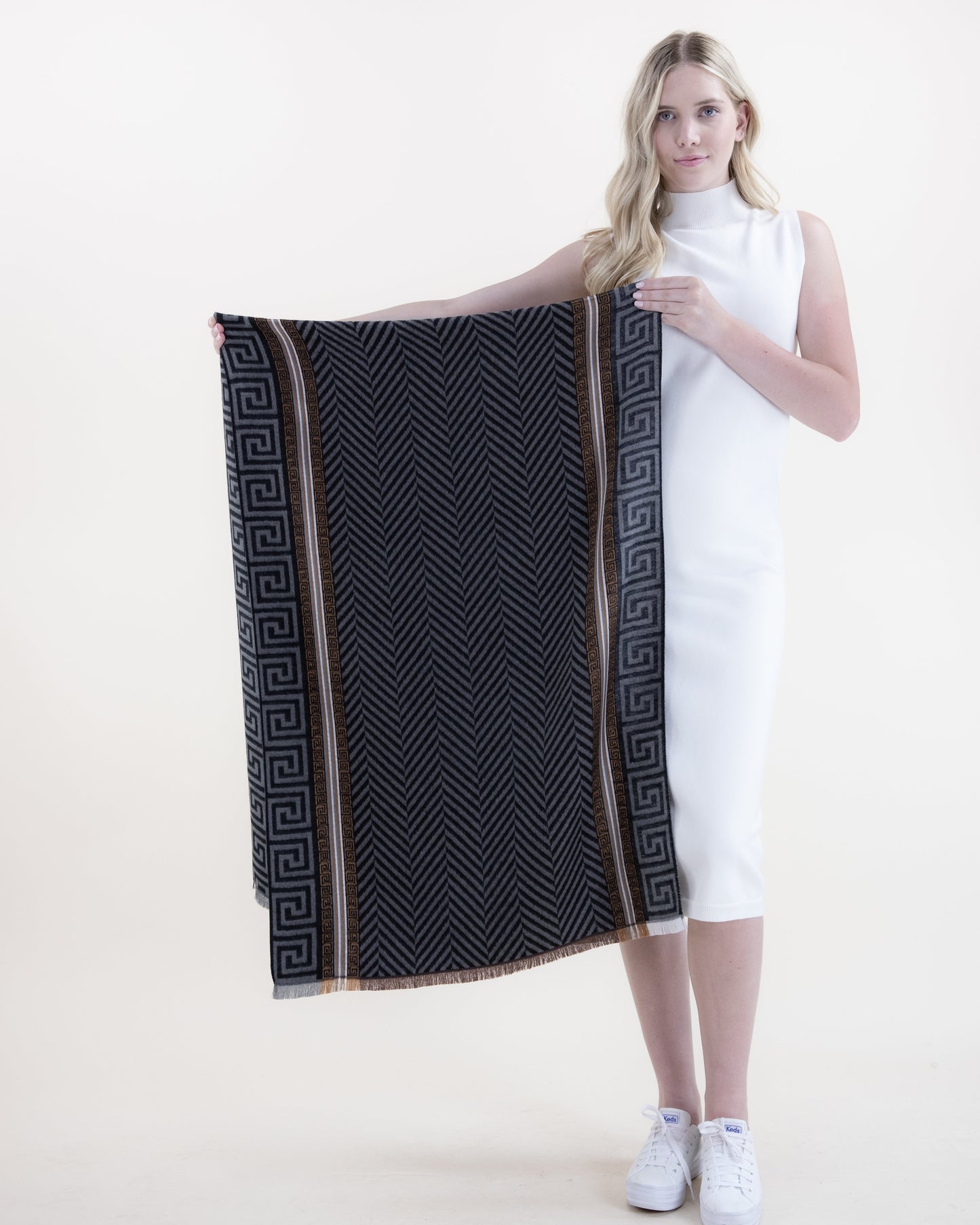 Herringbone Scarf w/ Greek Key Borders and Stripe