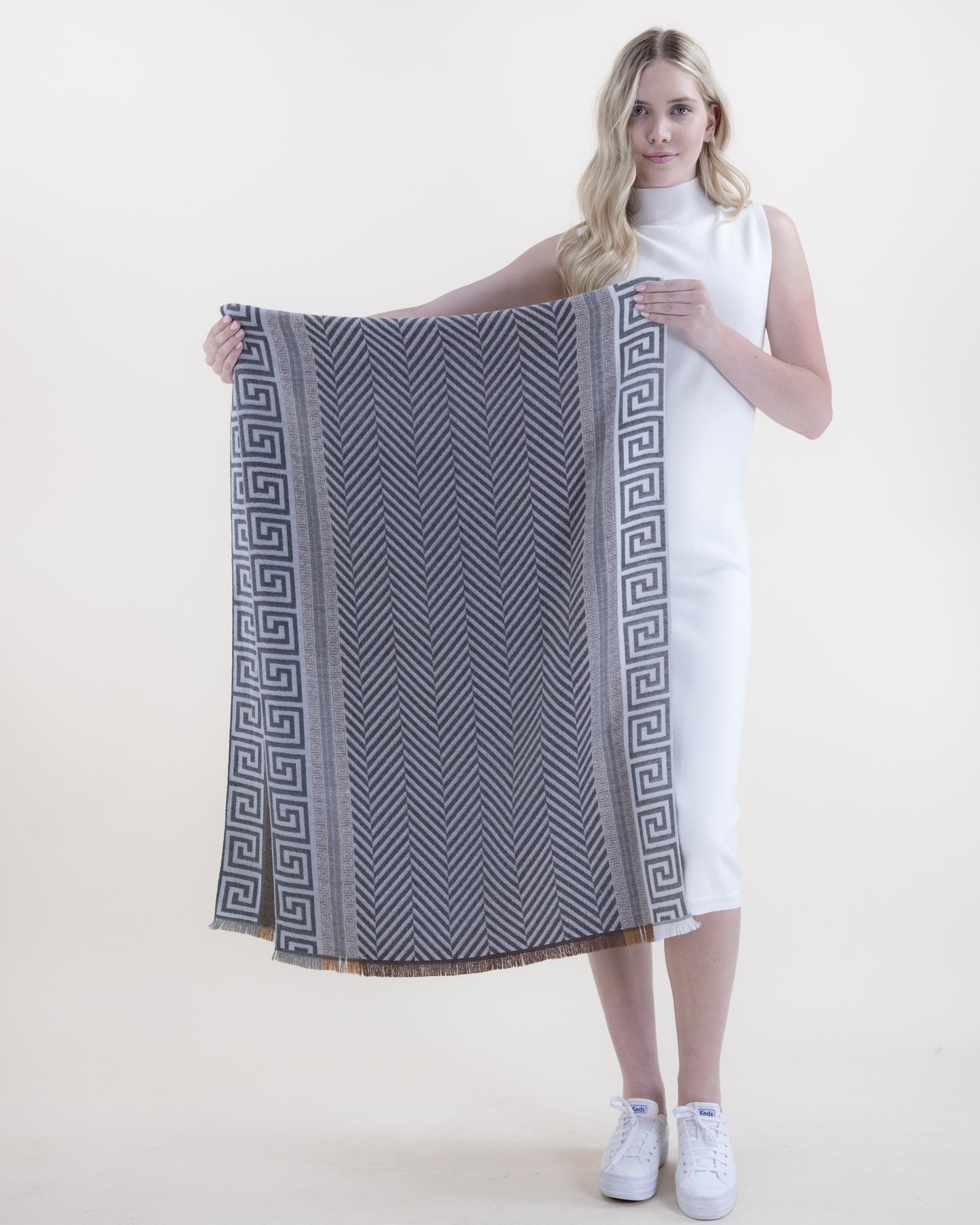Herringbone Scarf w/ Greek Key Borders and Stripe