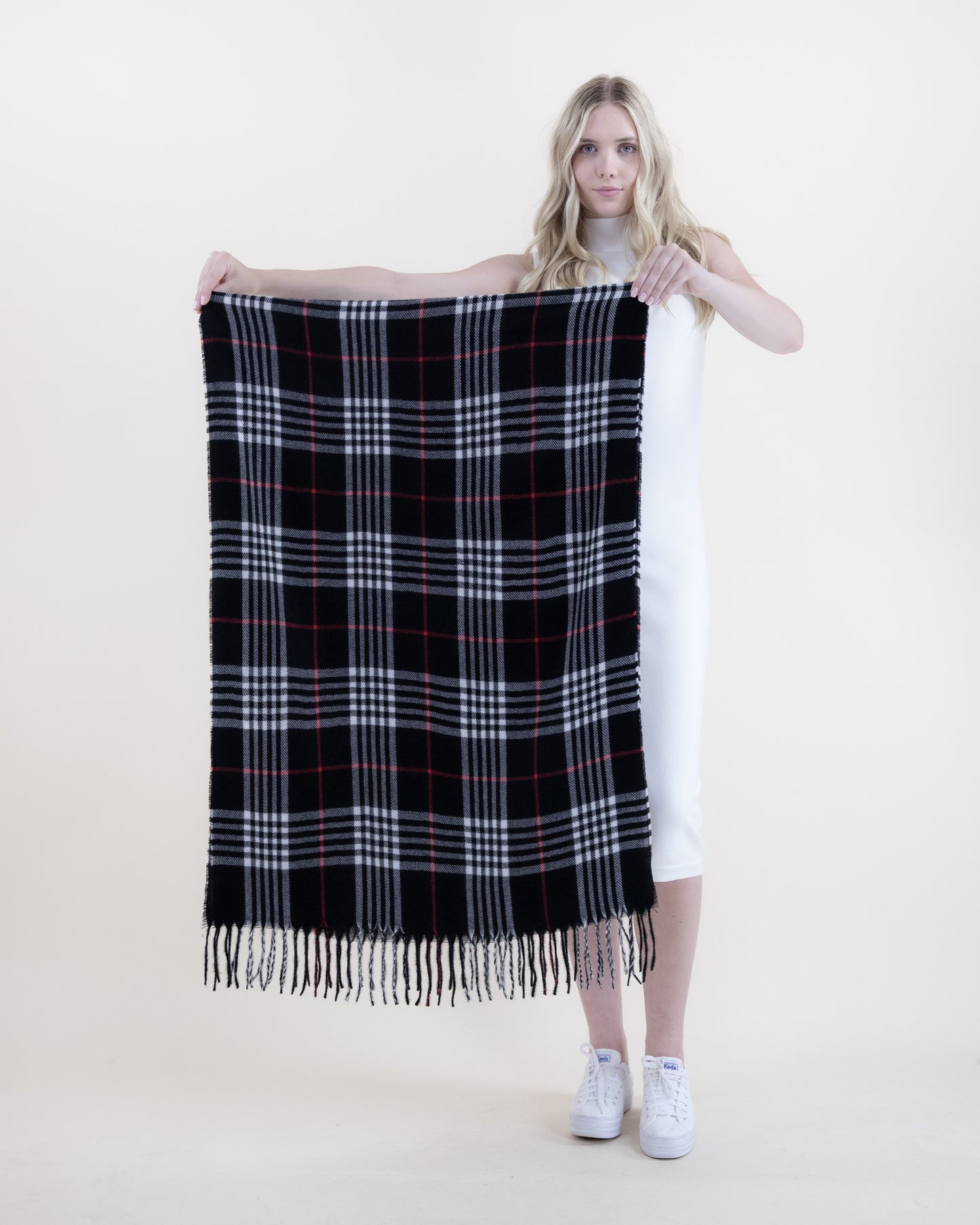 Soft Feel Highland Plaid Scarf  w/ Red Line Accent