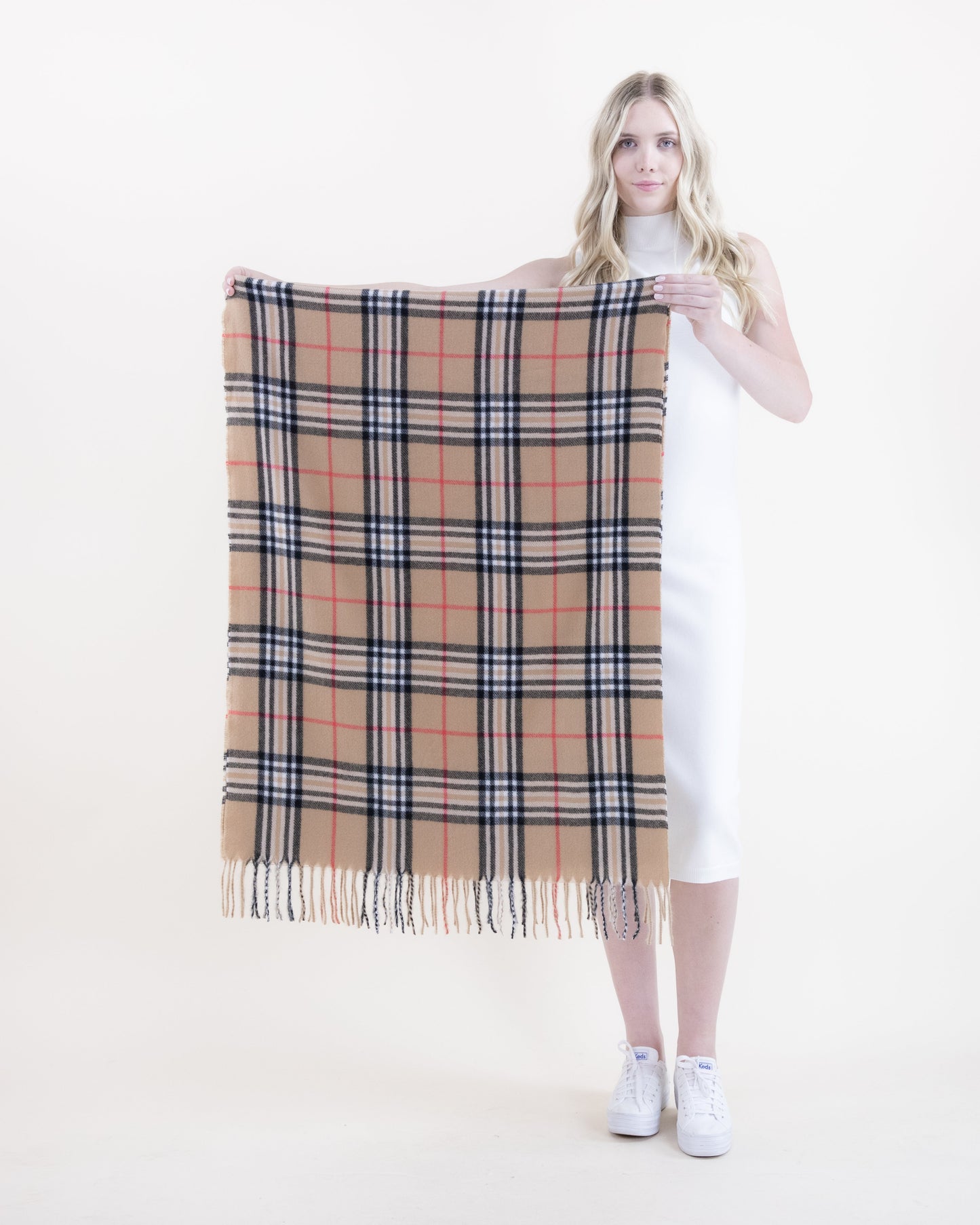 Soft Feel Highland Plaid Scarf  w/ Red Line Accent