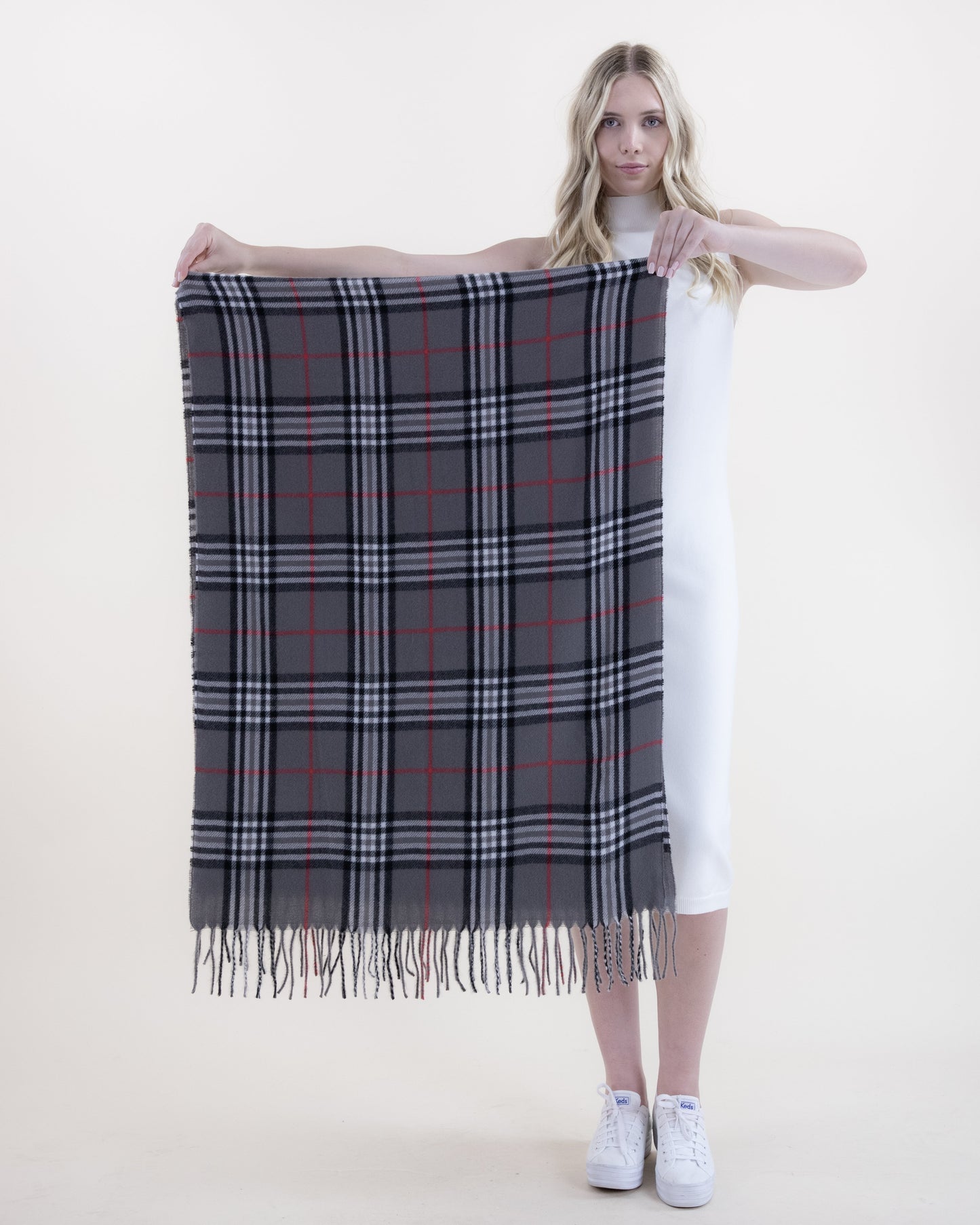 Soft Feel Highland Plaid Scarf  w/ Red Line Accent