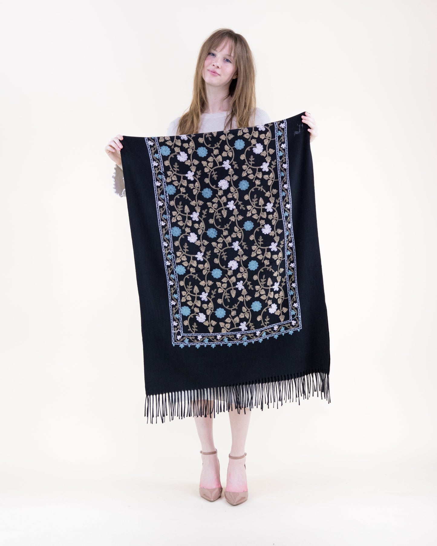 Embroidered Floral Vines Scarf