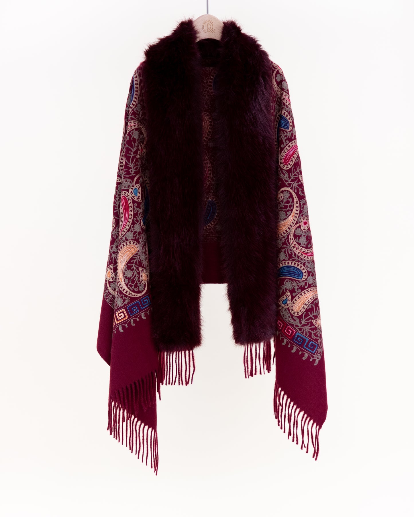 Embroidered Baroque Paisley Faux Fur Edge Scarf
