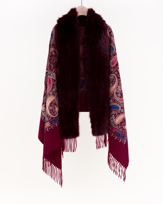 Embroidered Baroque Paisley Faux Fur Edge Scarf