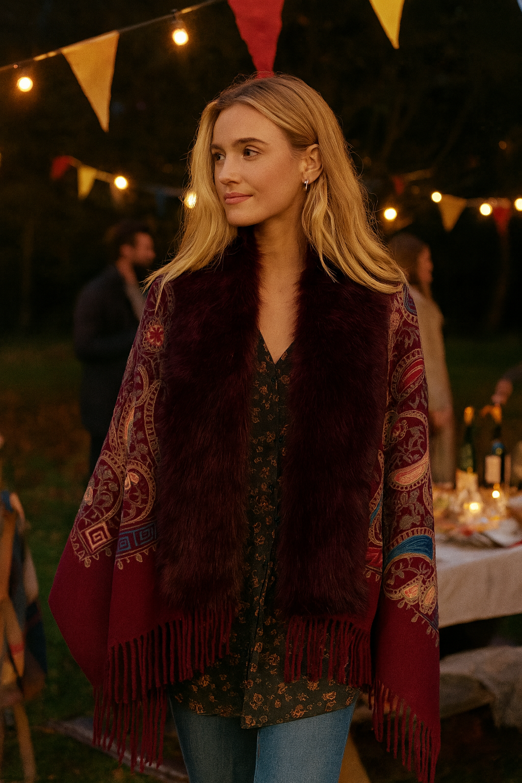Embroidered Baroque Paisley Faux Fur Edge Scarf