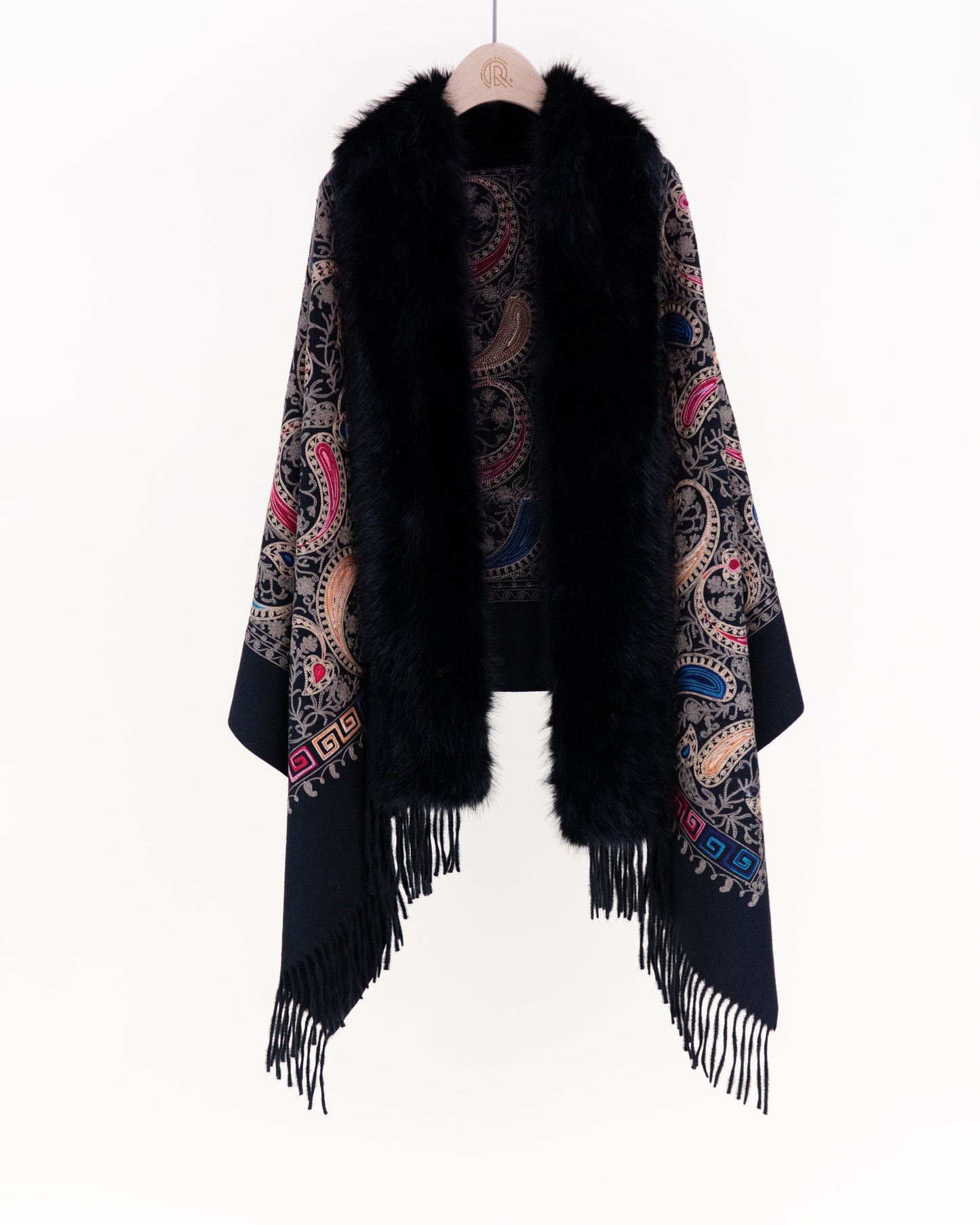 Embroidered Baroque Paisley Faux Fur Edge Scarf