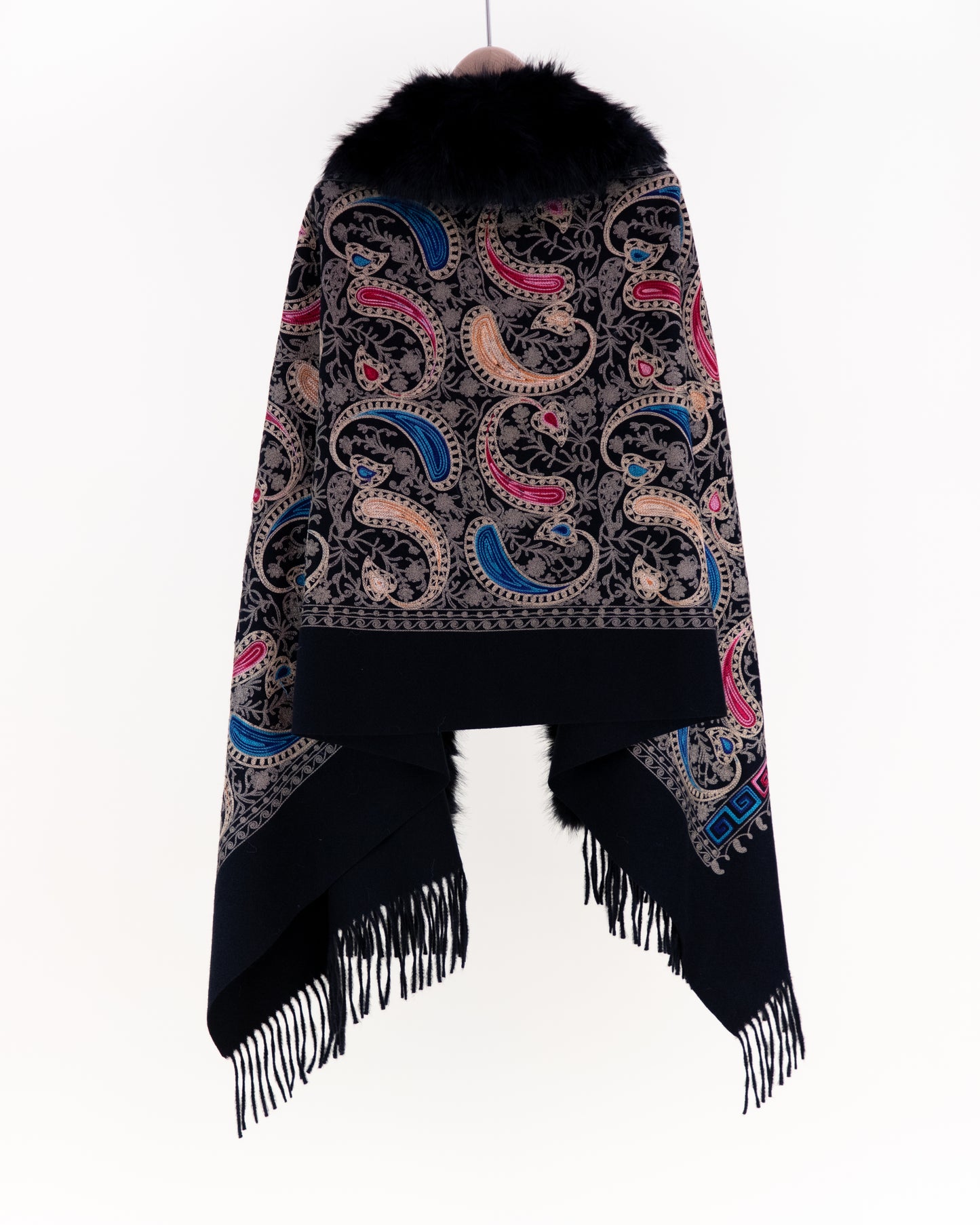 Embroidered Baroque Paisley Faux Fur Edge Scarf