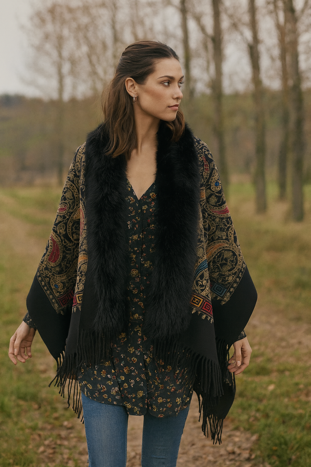Embroidered Baroque Paisley Faux Fur Edge Scarf