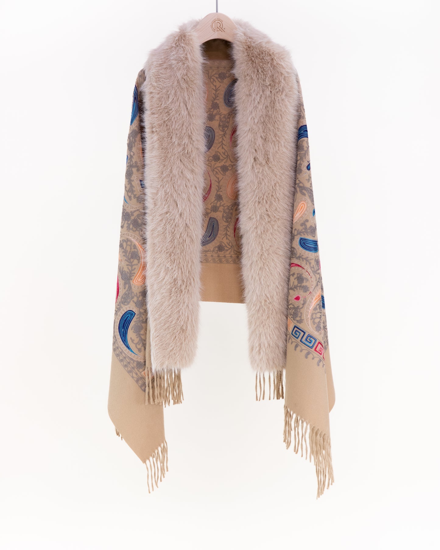 Embroidered Baroque Paisley Faux Fur Edge Scarf