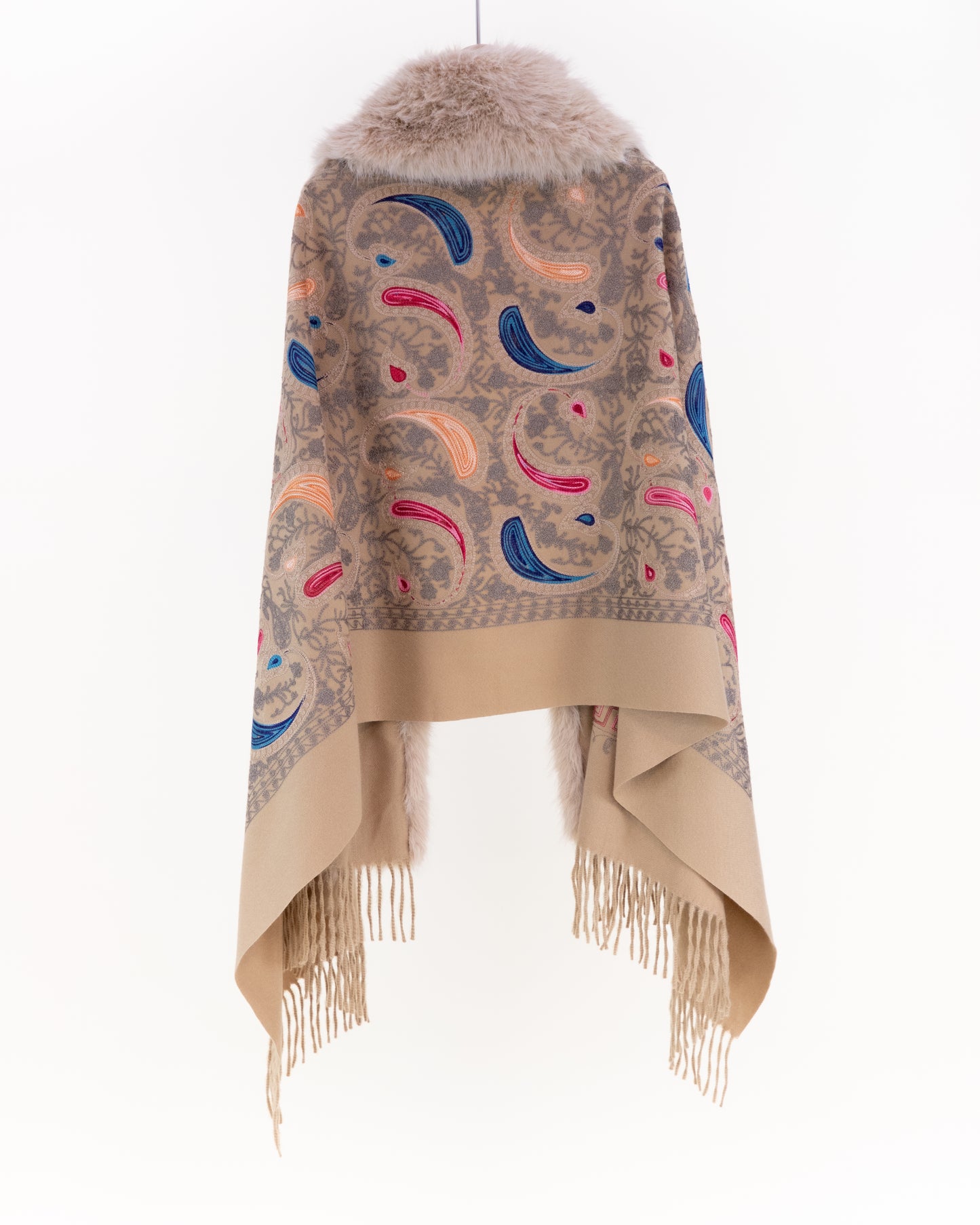 Embroidered Baroque Paisley Faux Fur Edge Scarf