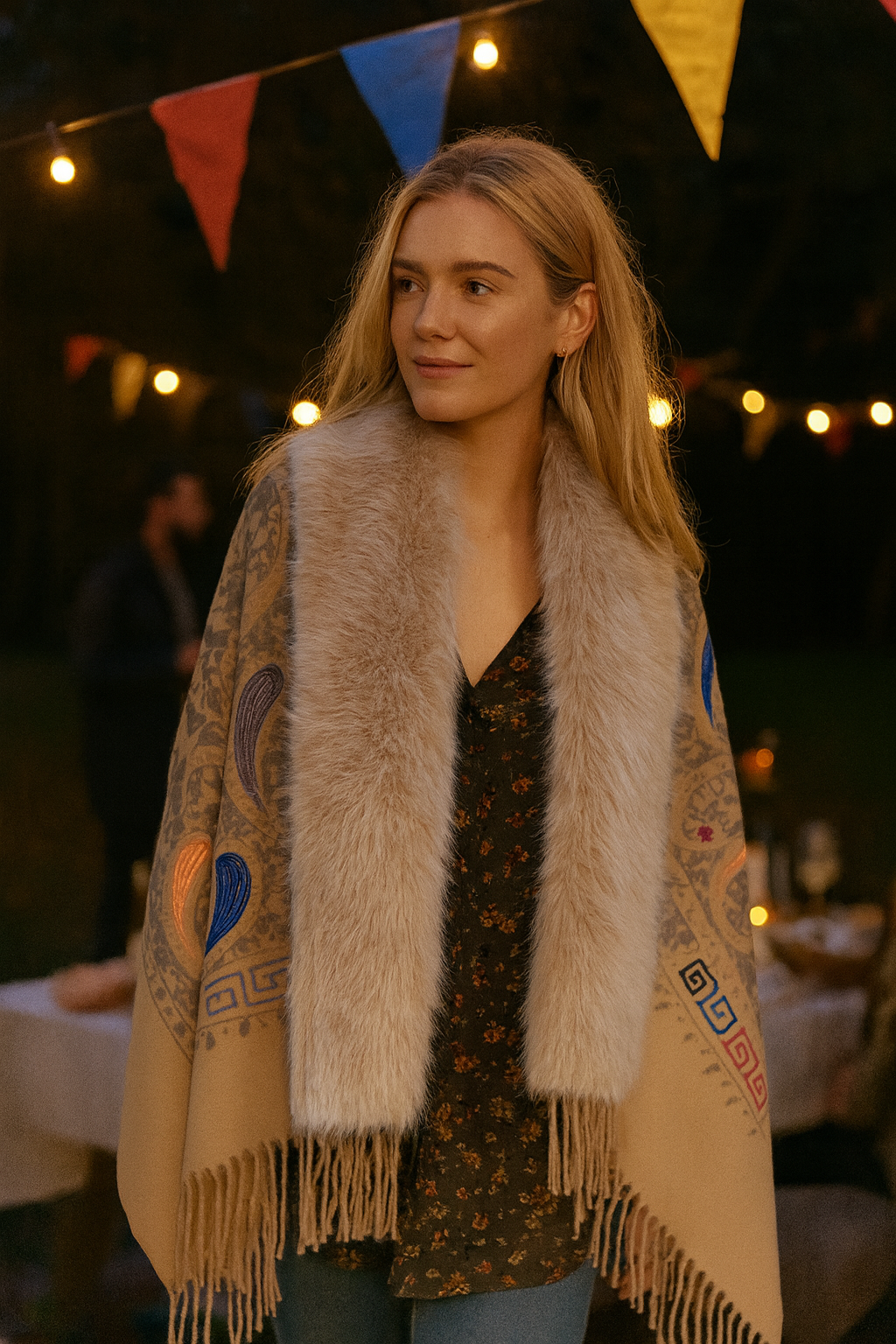 Embroidered Baroque Paisley Faux Fur Edge Scarf
