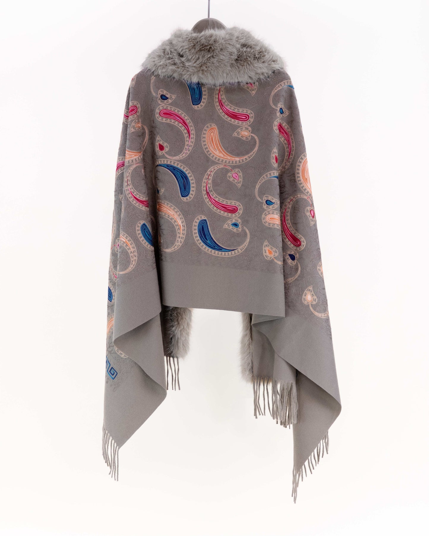 Embroidered Baroque Paisley Faux Fur Edge Scarf